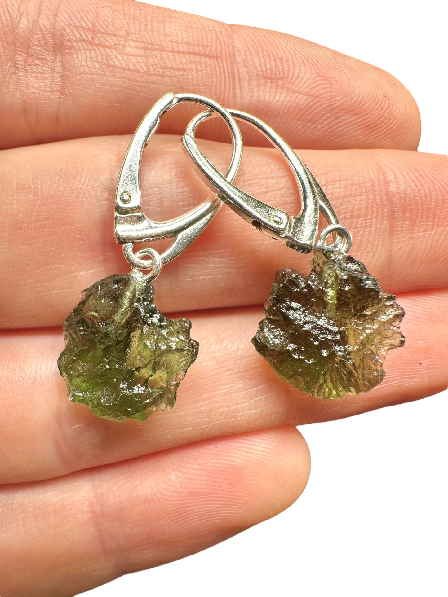 Silver moldavite earrings
