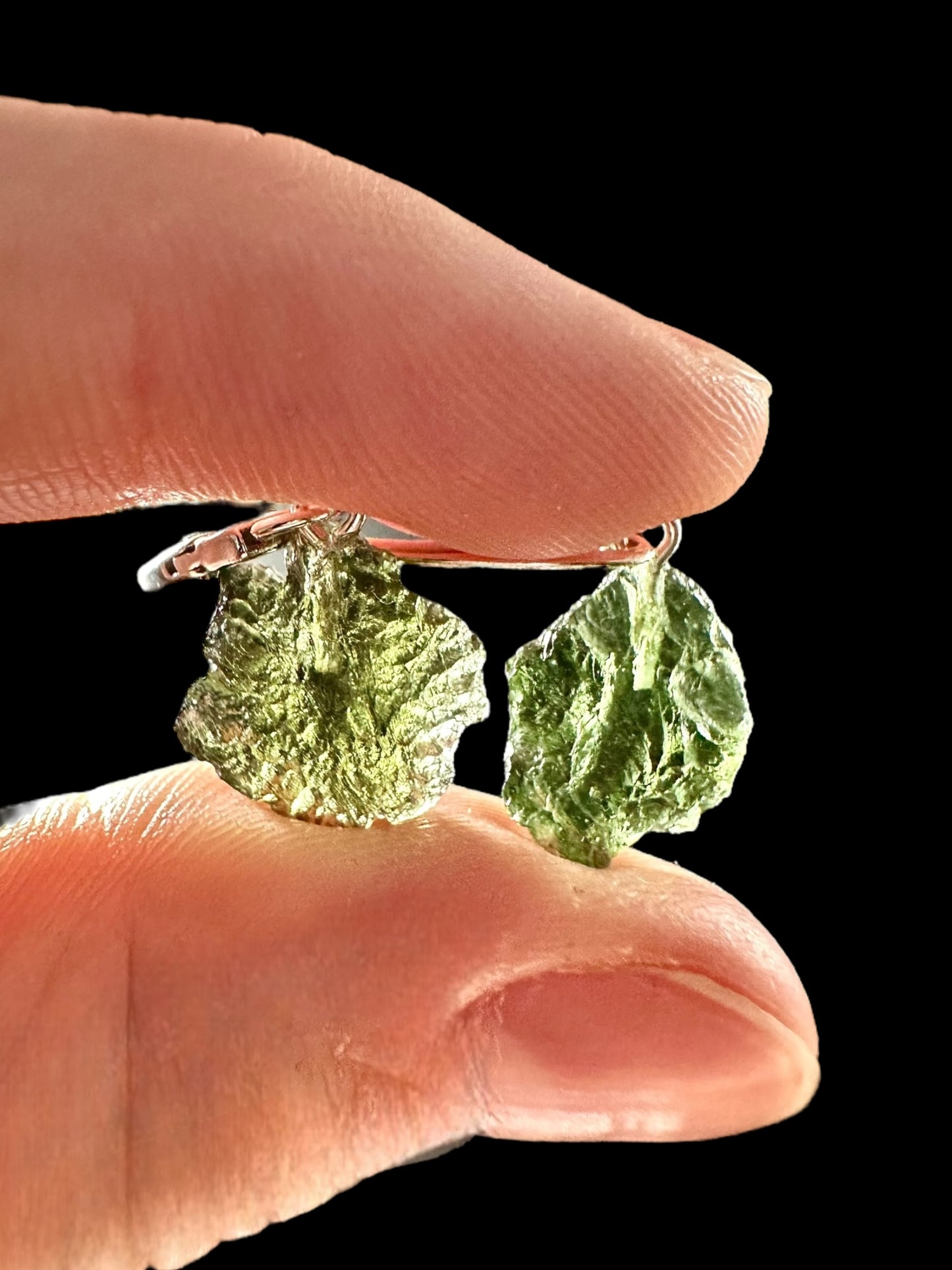 Silver moldavite earrings