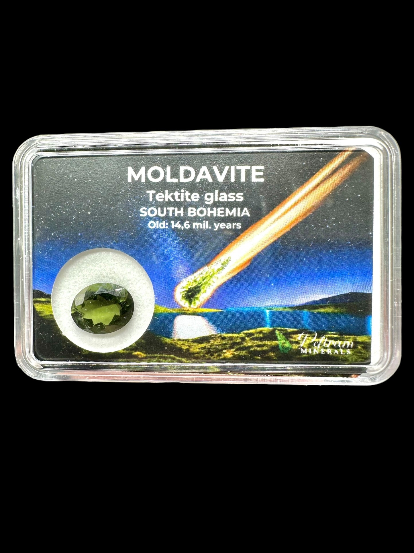 Faceted moldavite in box