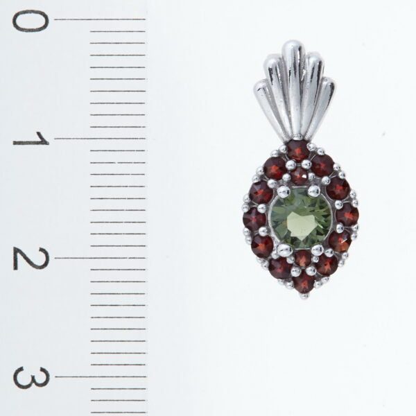 Pendente in argento con moldavite e granati 1016