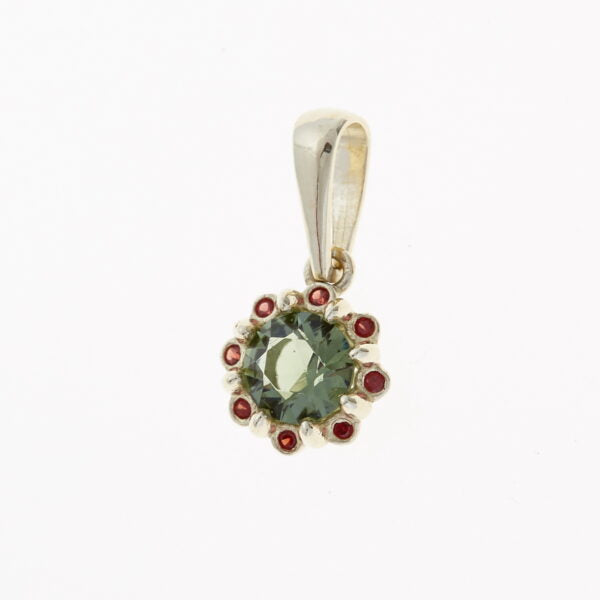 Pendente in oro con moldavite e granati 1125