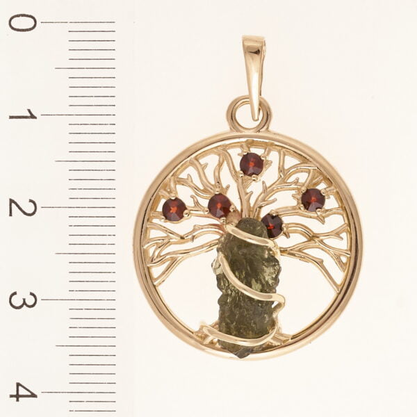 Pendente in oro con a moldavite e granati – tree of life 6928