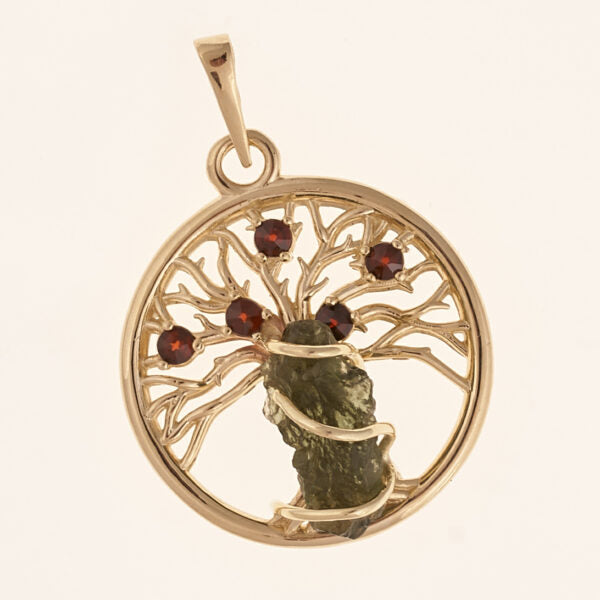 Pendente in oro con a moldavite e granati – tree of life 6928