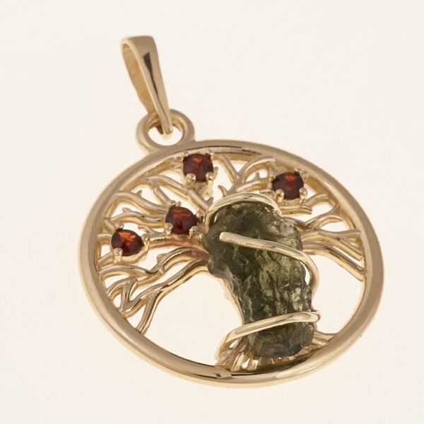 Pendente in oro con a moldavite e granati – tree of life 6928