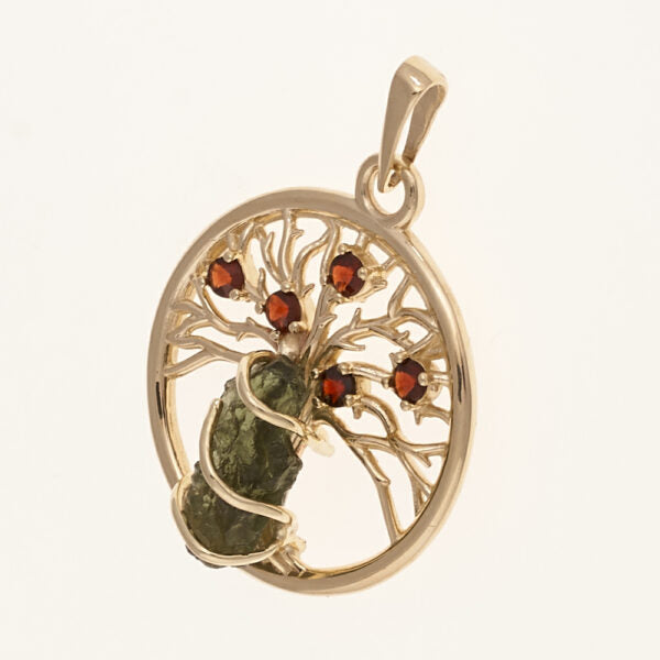 Pendente in oro con a moldavite e granati – tree of life 6928