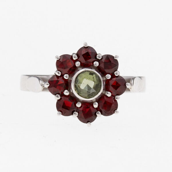 Anello in argento con moldavite e granati 9013