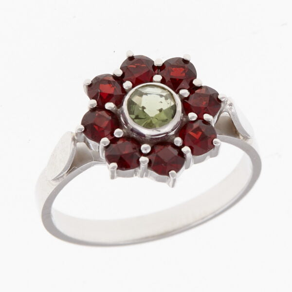 Anello in argento con moldavite e granati 9013