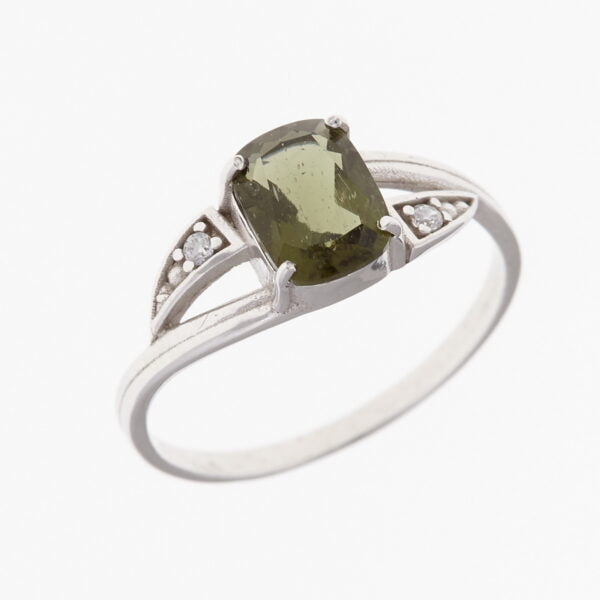 Anello in argento con moldavite e zirconi