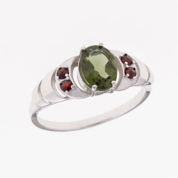 Anello in argento con moldavite e granati 608G