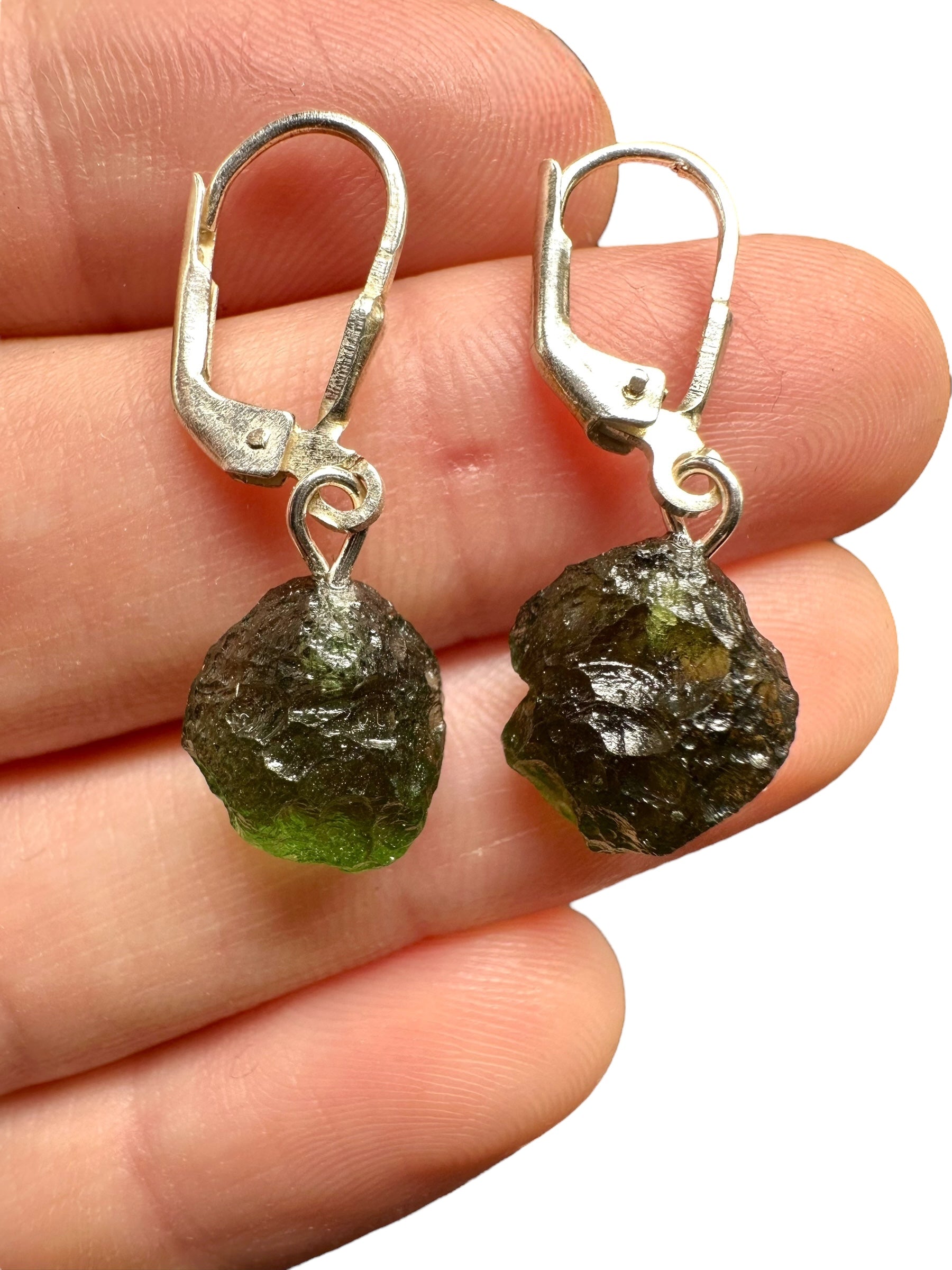 Silver moldavite earrings