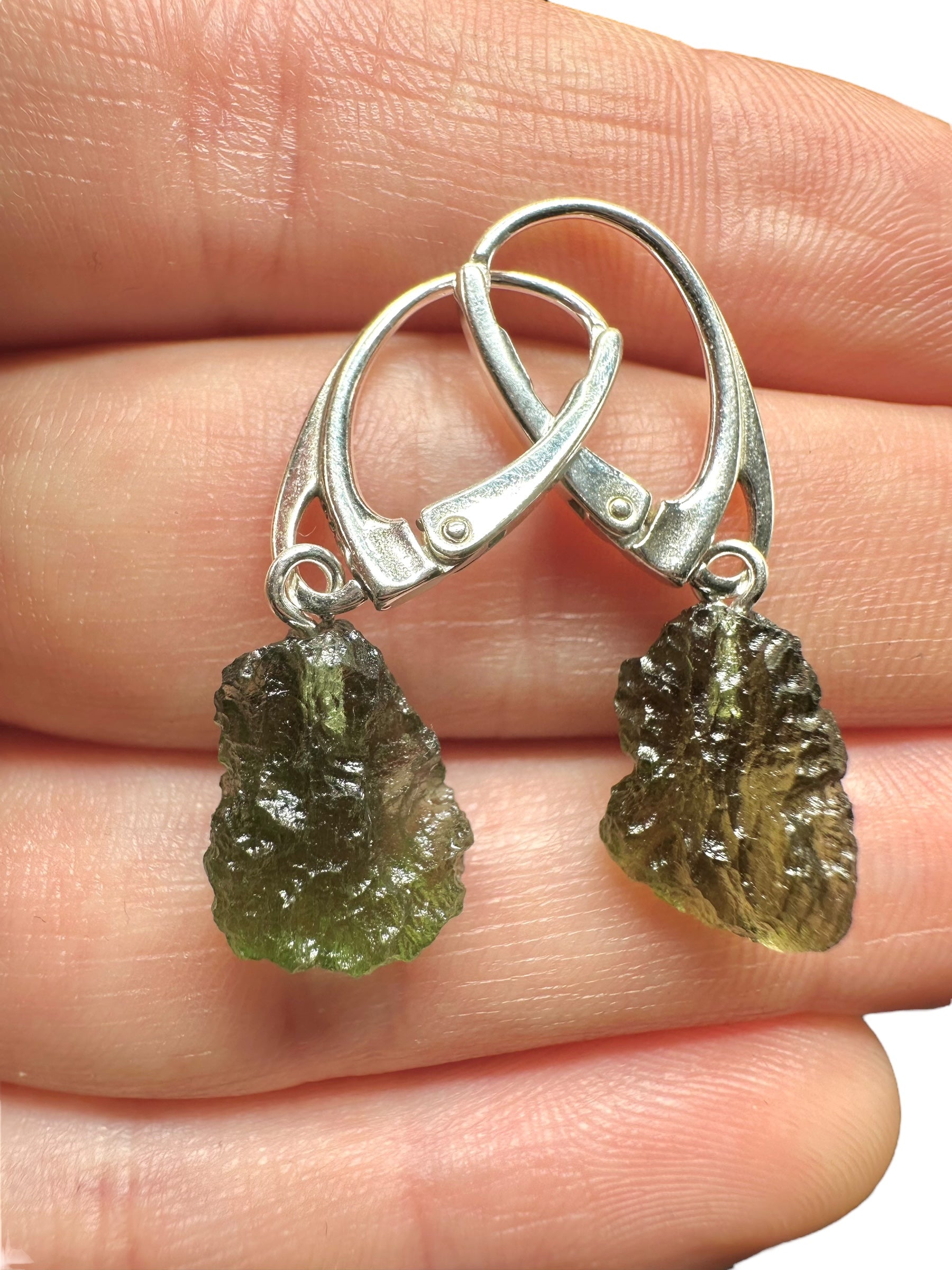 Silver moldavite earrings