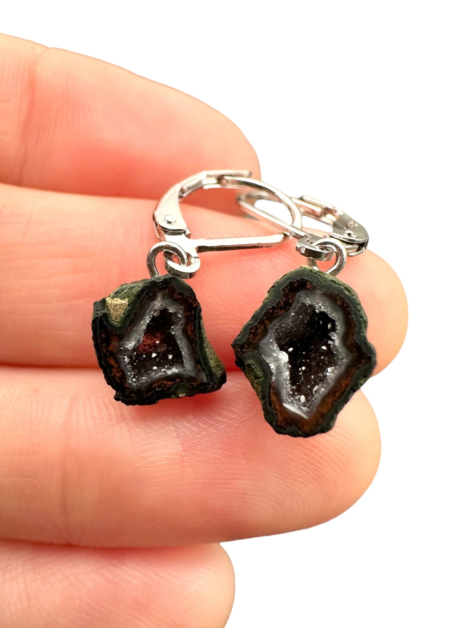 Silver agate minigeode earrings