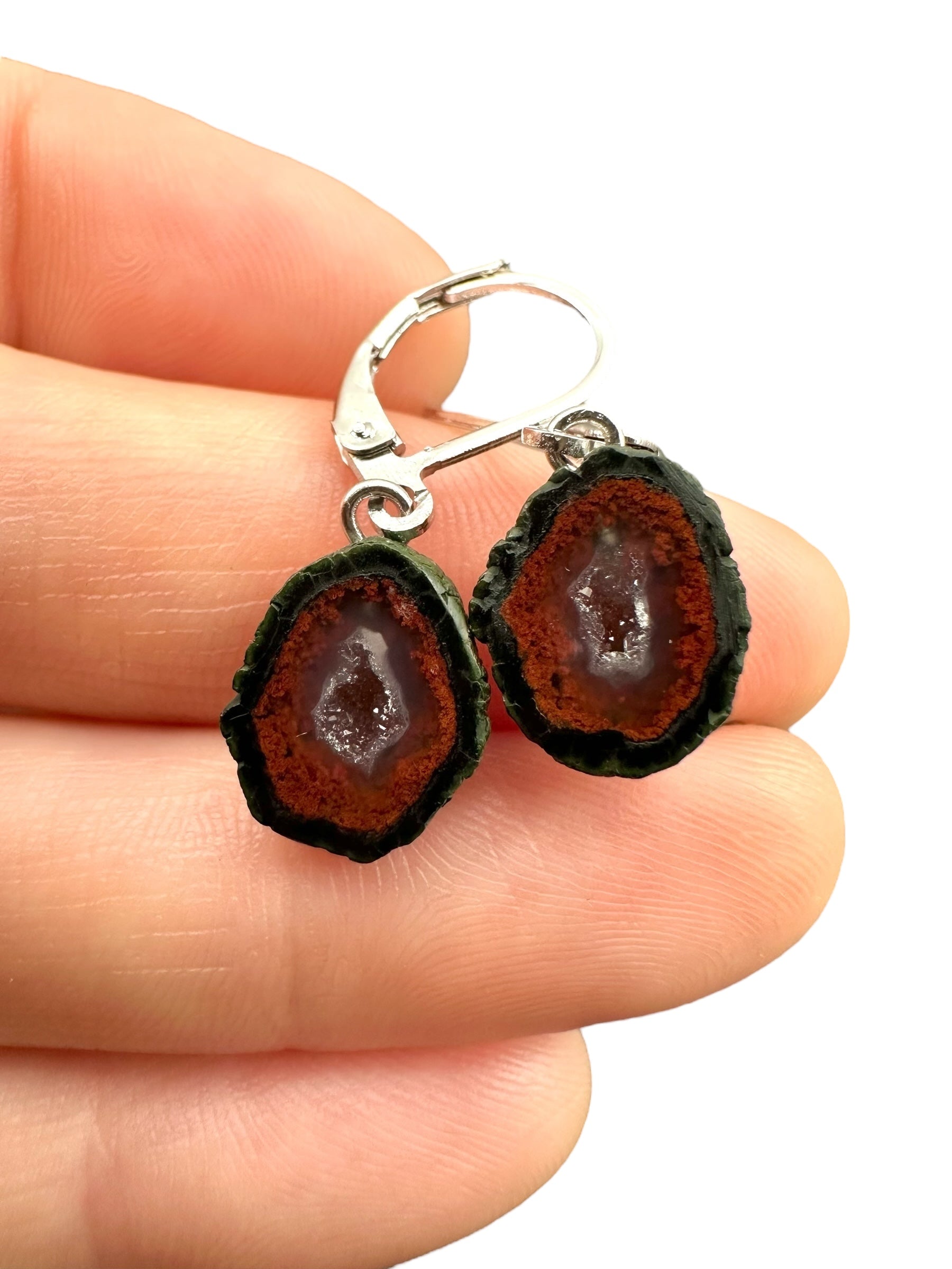 Silver agate minigeode earrings