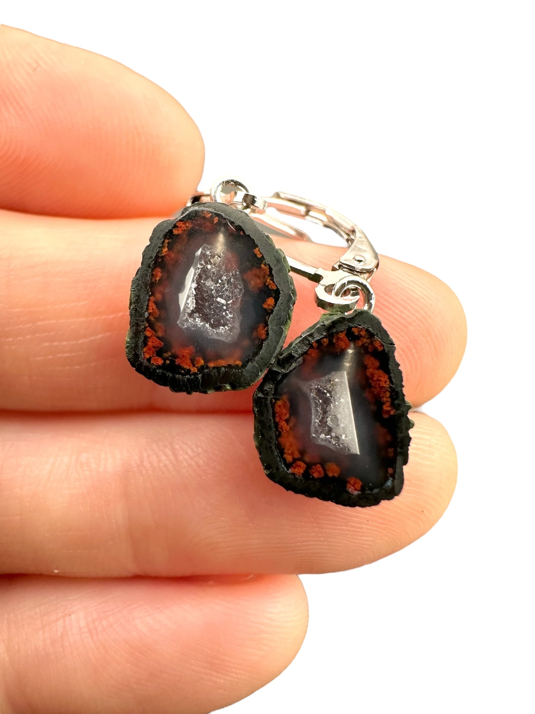 Silver agate minigeode earrings