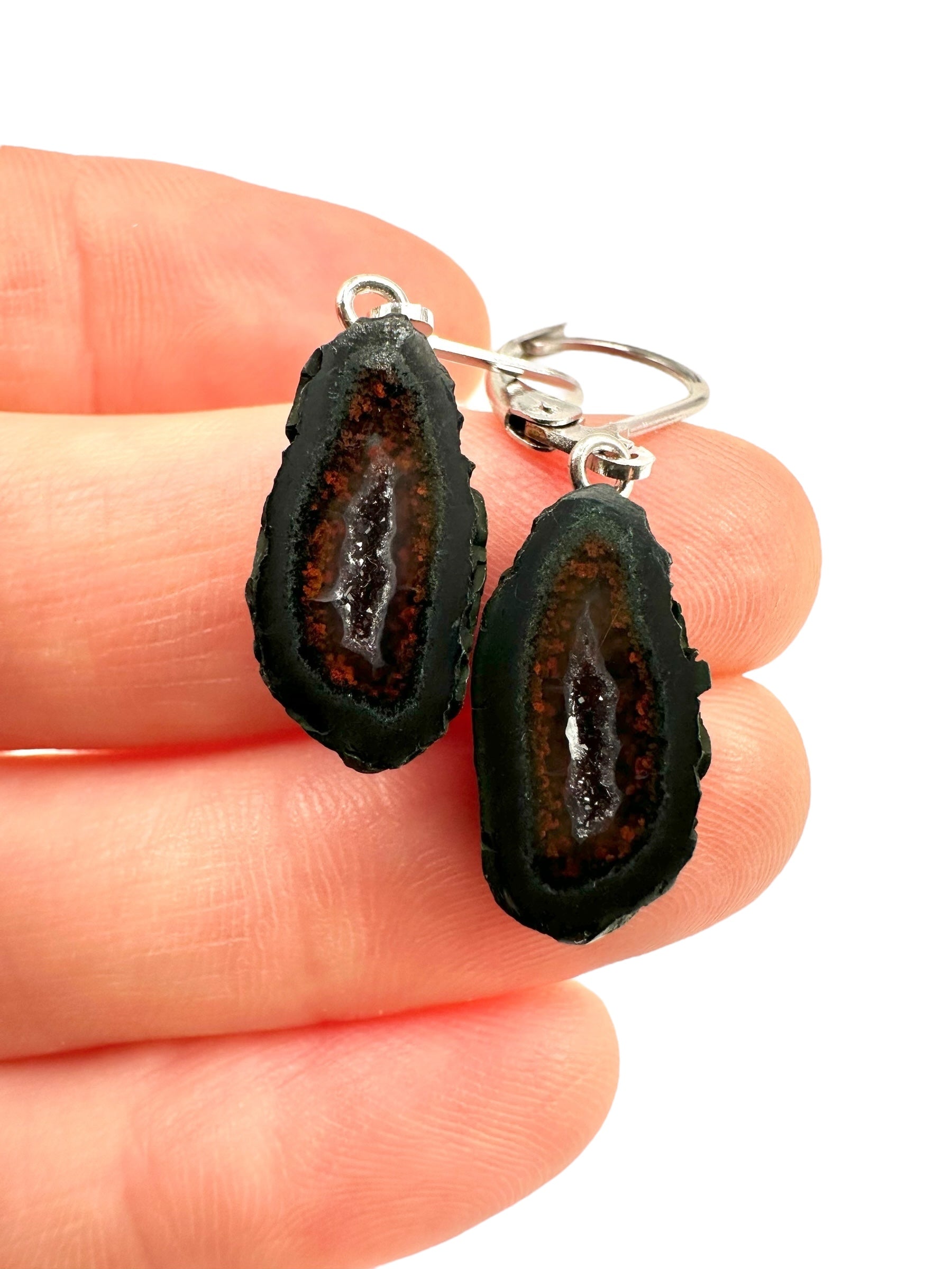 Silver agate minigeode earrings