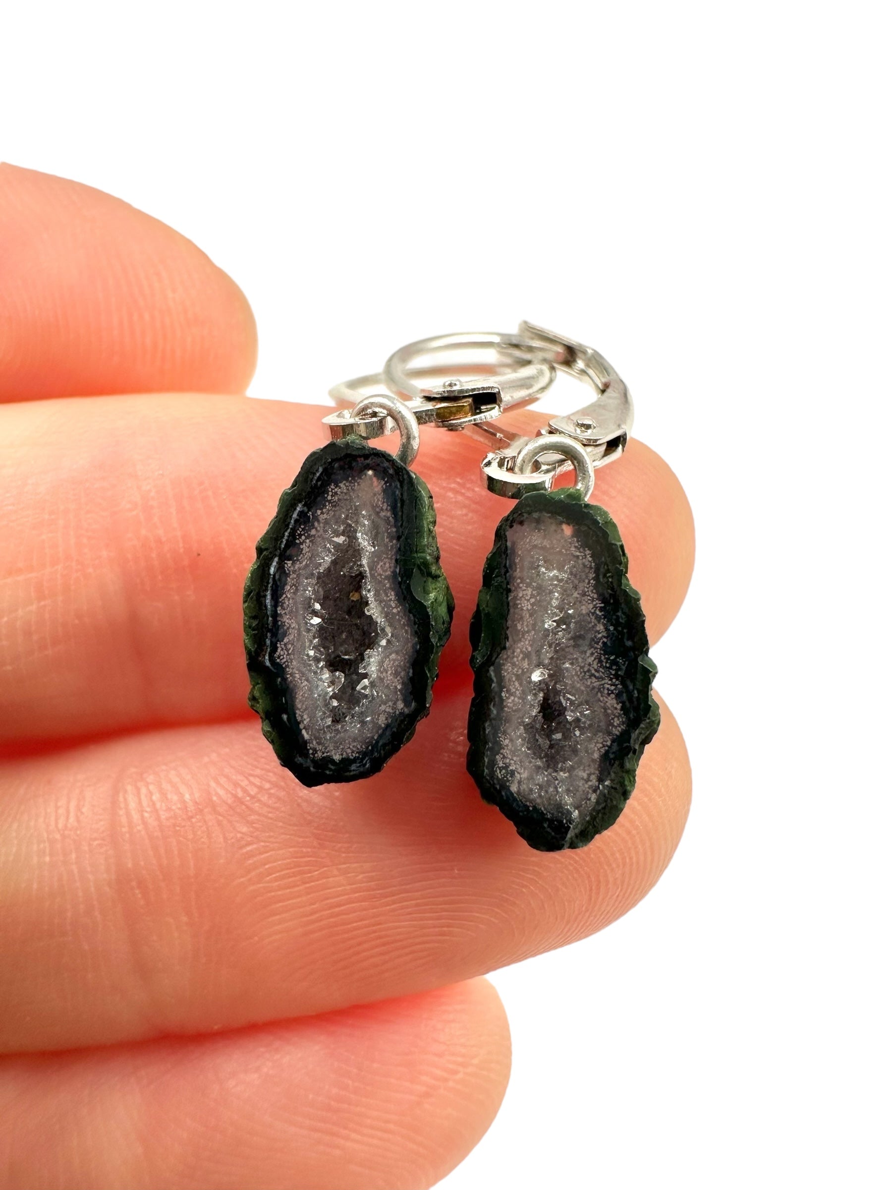 Silver agate minigeode earrings