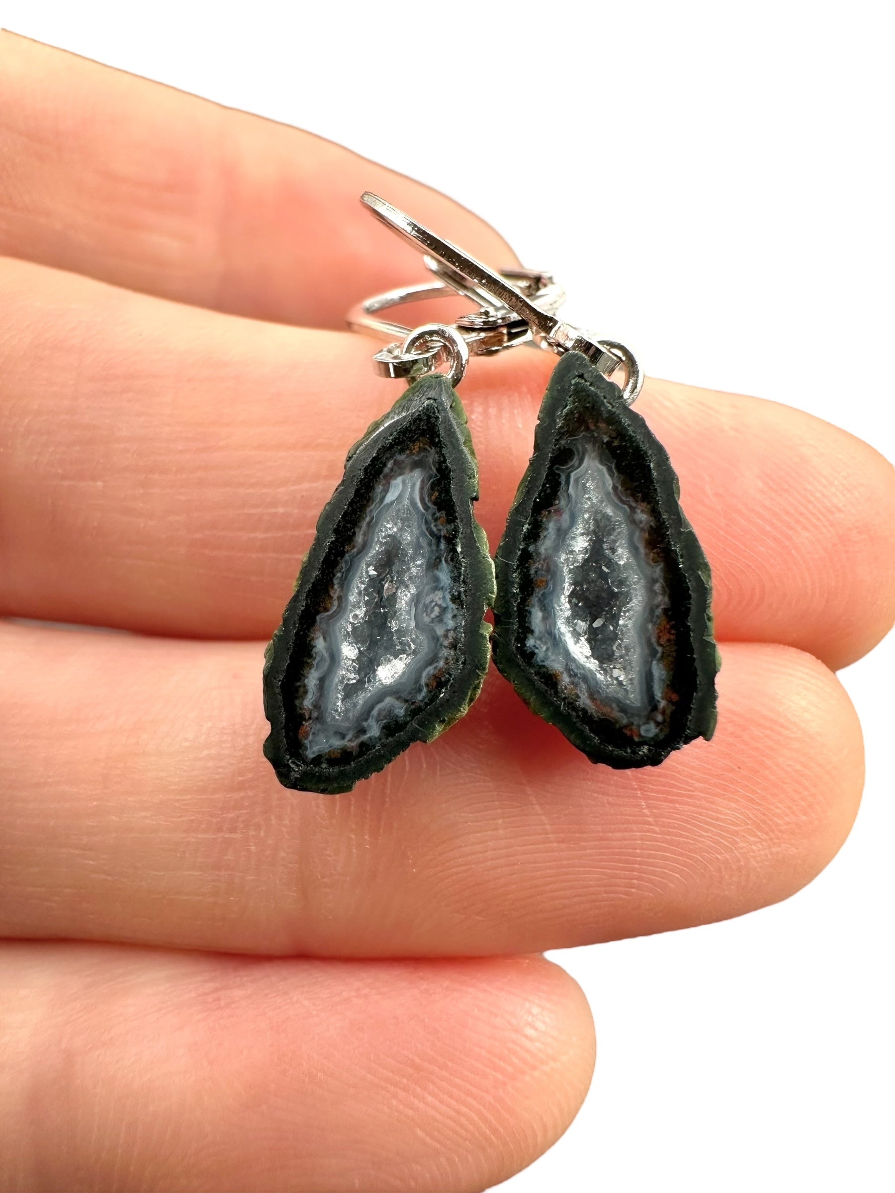 Silver agate minigeode earrings