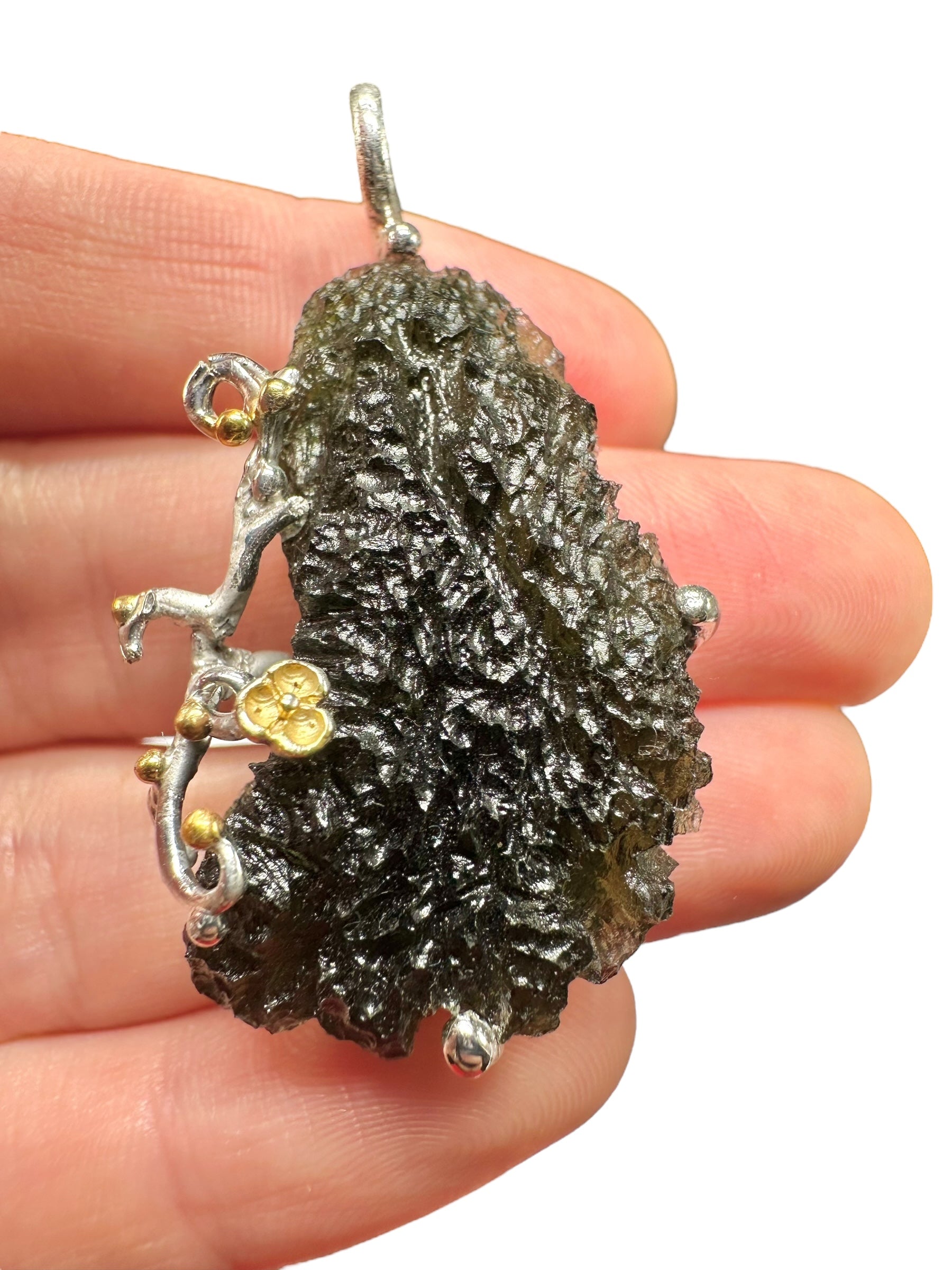 Silver moldavite pendant with gold-plated elements 13g