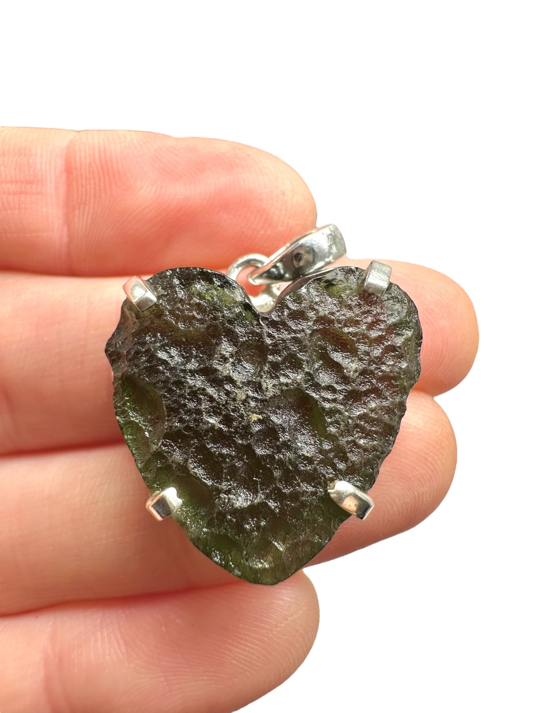 Silver moldavite heart-shaped pendant