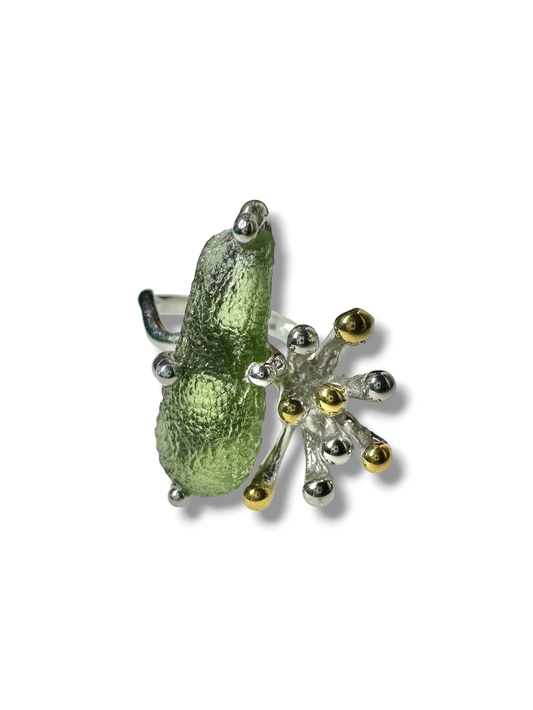 Silver moldavite ring with gold-plated elements 4,5g - VP17