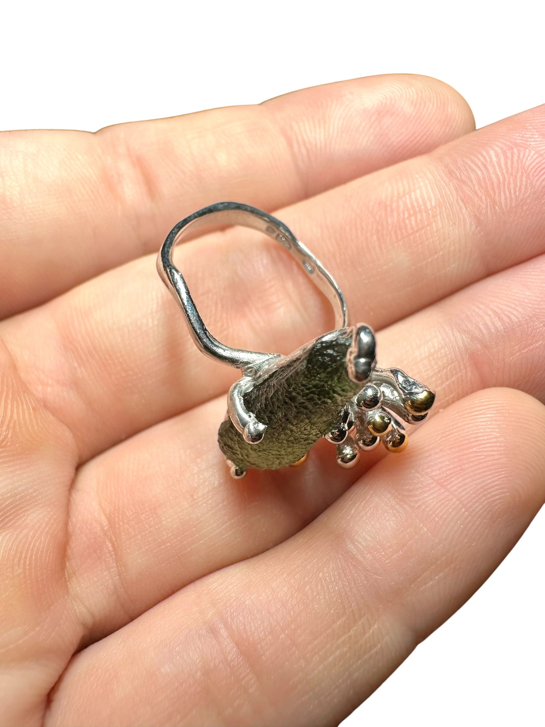 Silver moldavite ring with gold-plated elements 4,5g - VP17