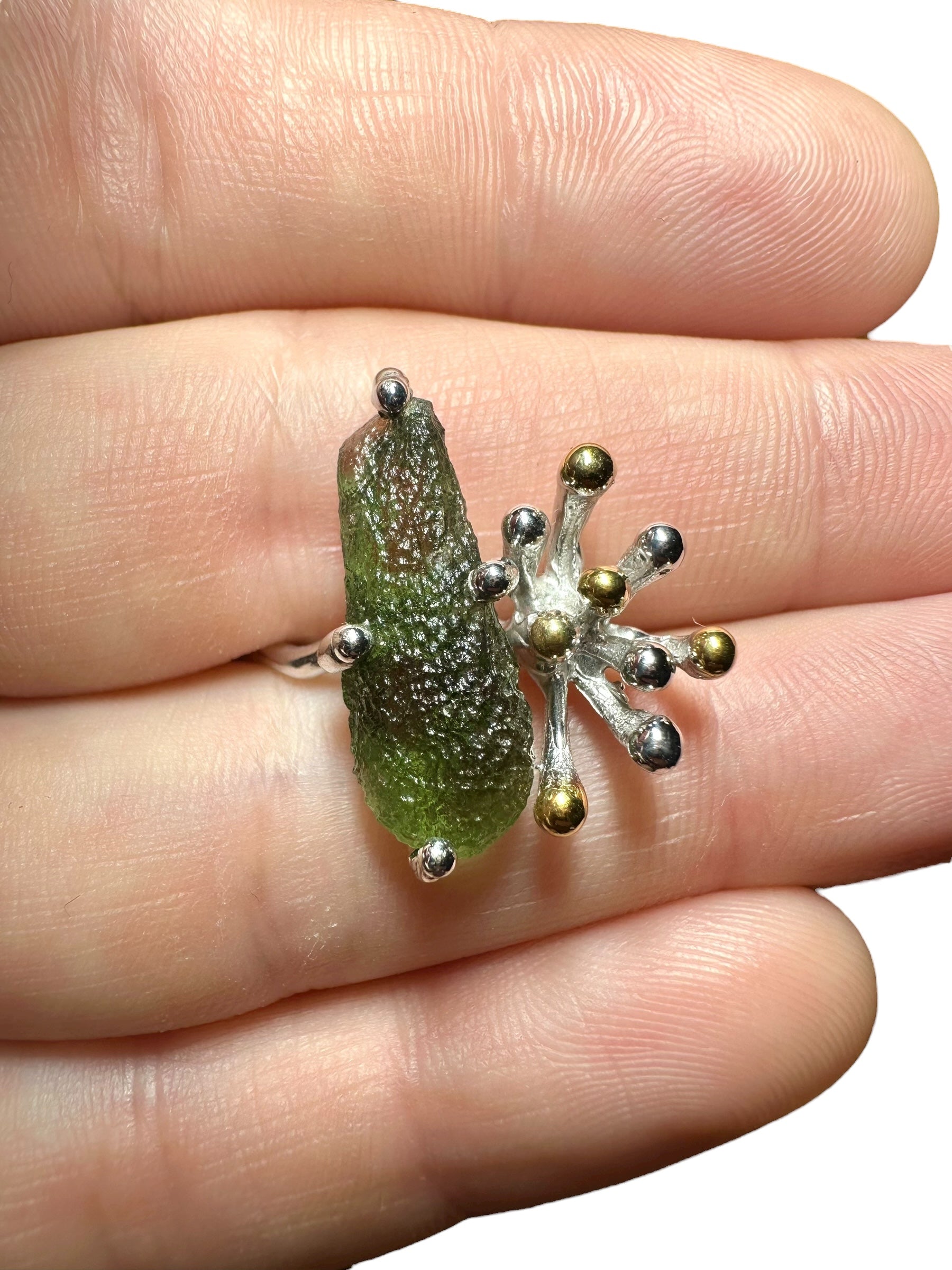 Silver moldavite ring with gold-plated elements 4,5g - VP17