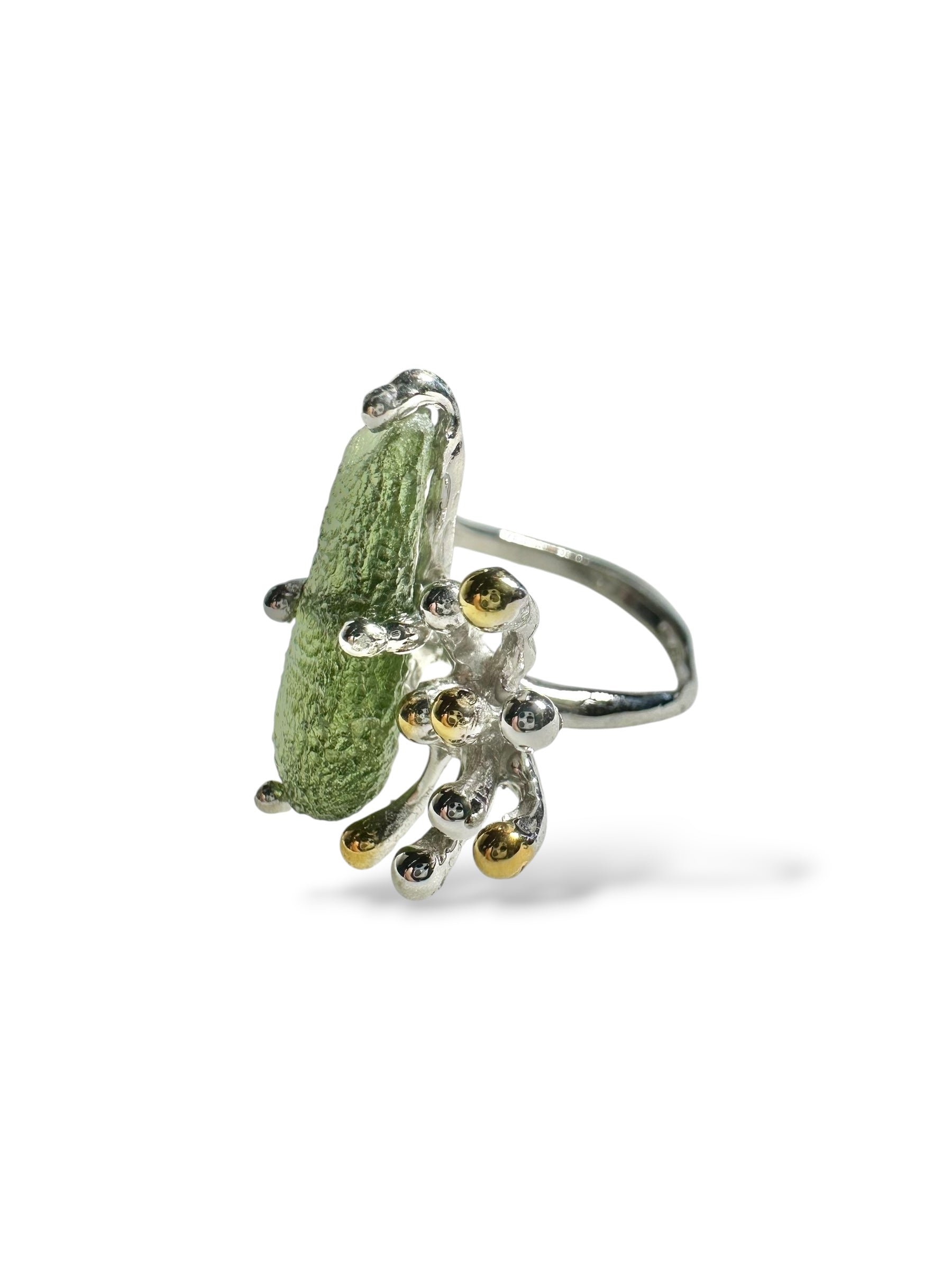 Silver moldavite ring with gold-plated elements 4,5g