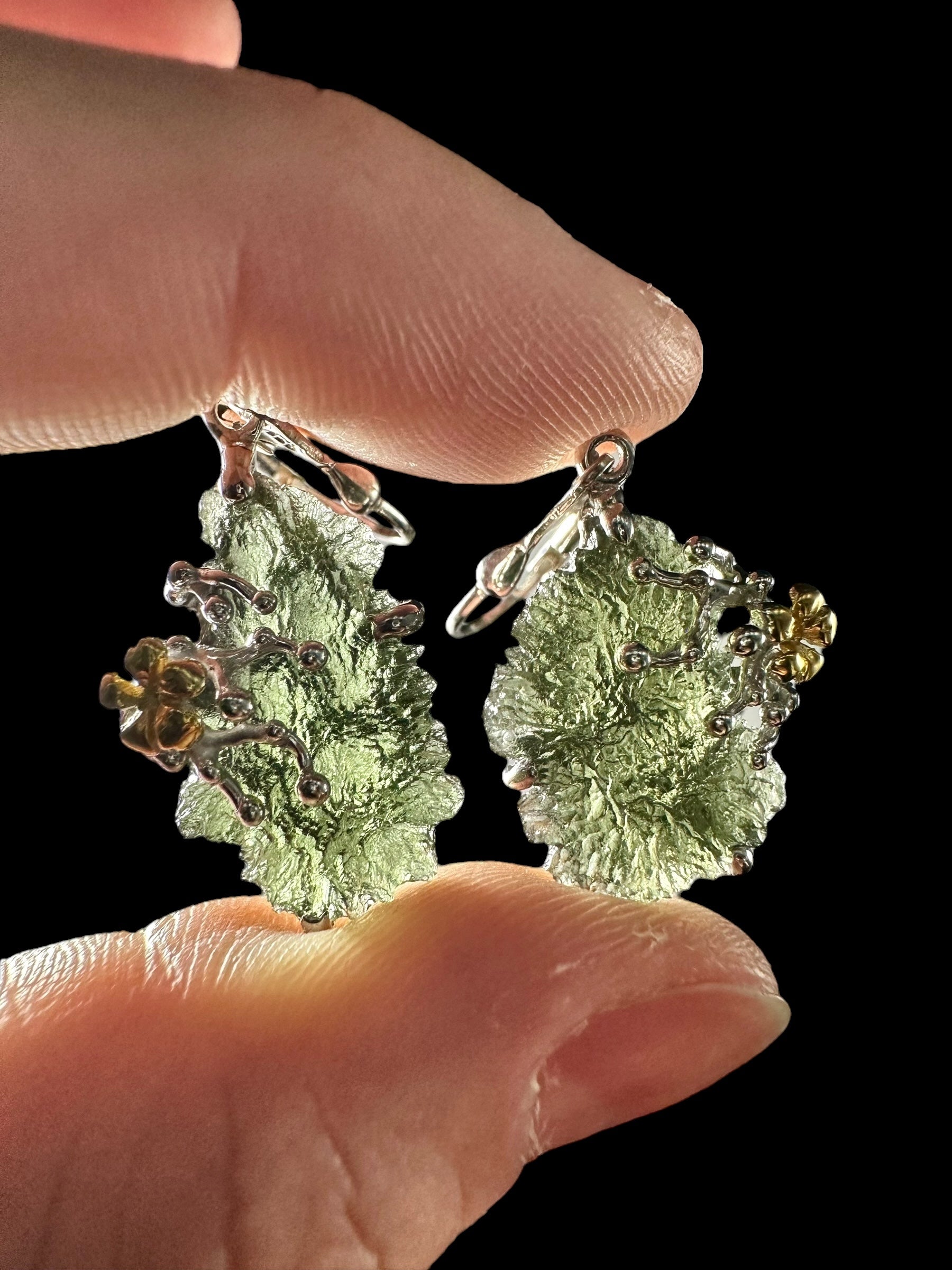 Silver moldavite earrings with gold-plated elements 7,9g - SZ/VN02