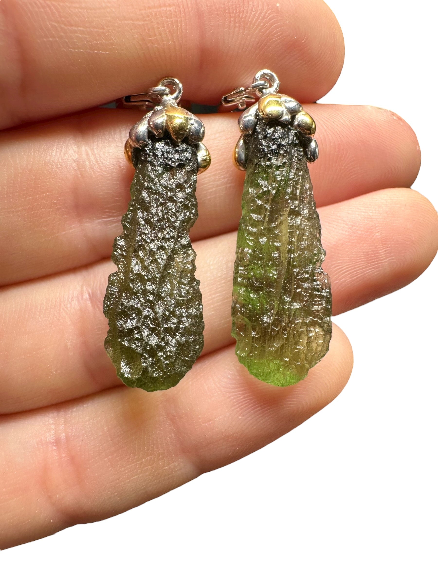 Silver moldavite earrings with gold-plated elements 8g - SZ/VN05