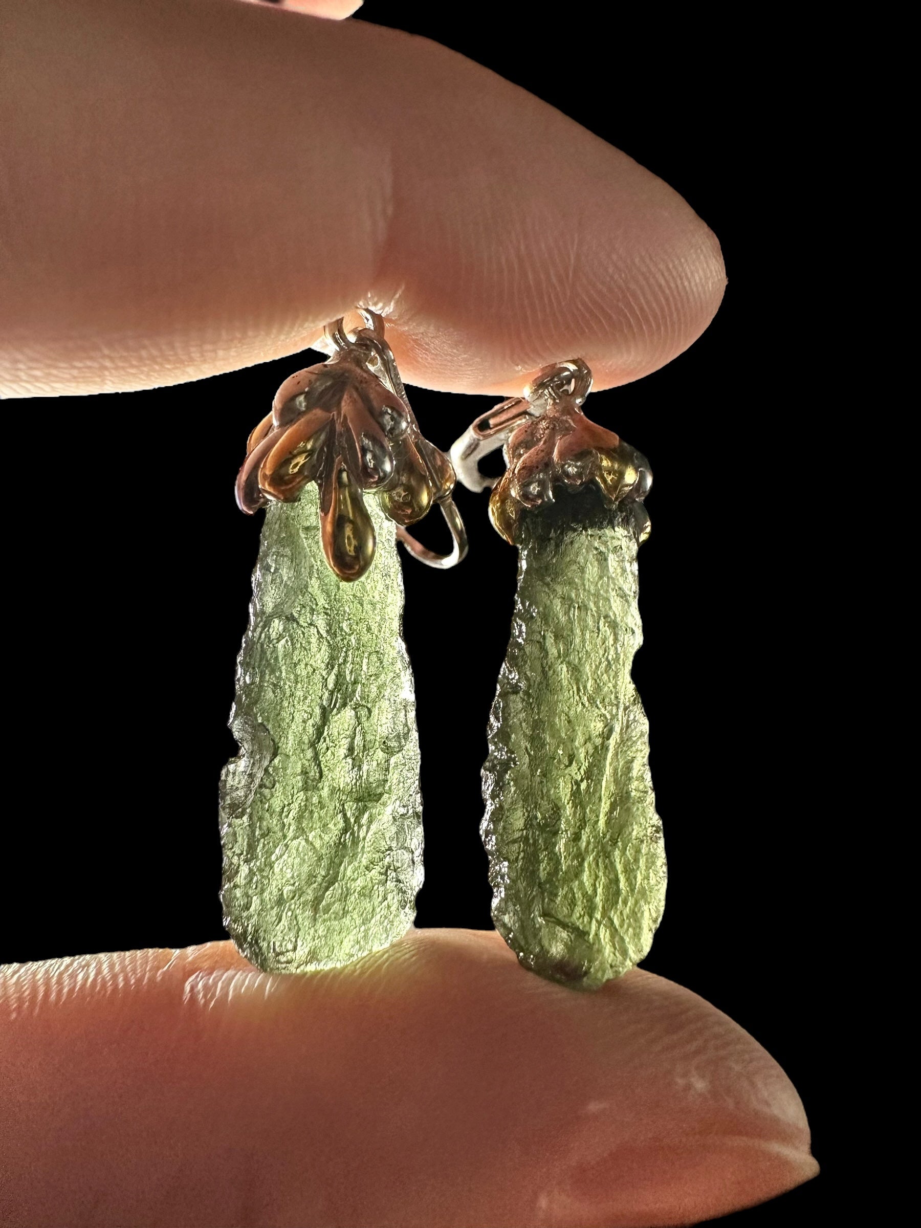 Silver moldavite earrings with gold-plated elements 8g - SZ/VN05