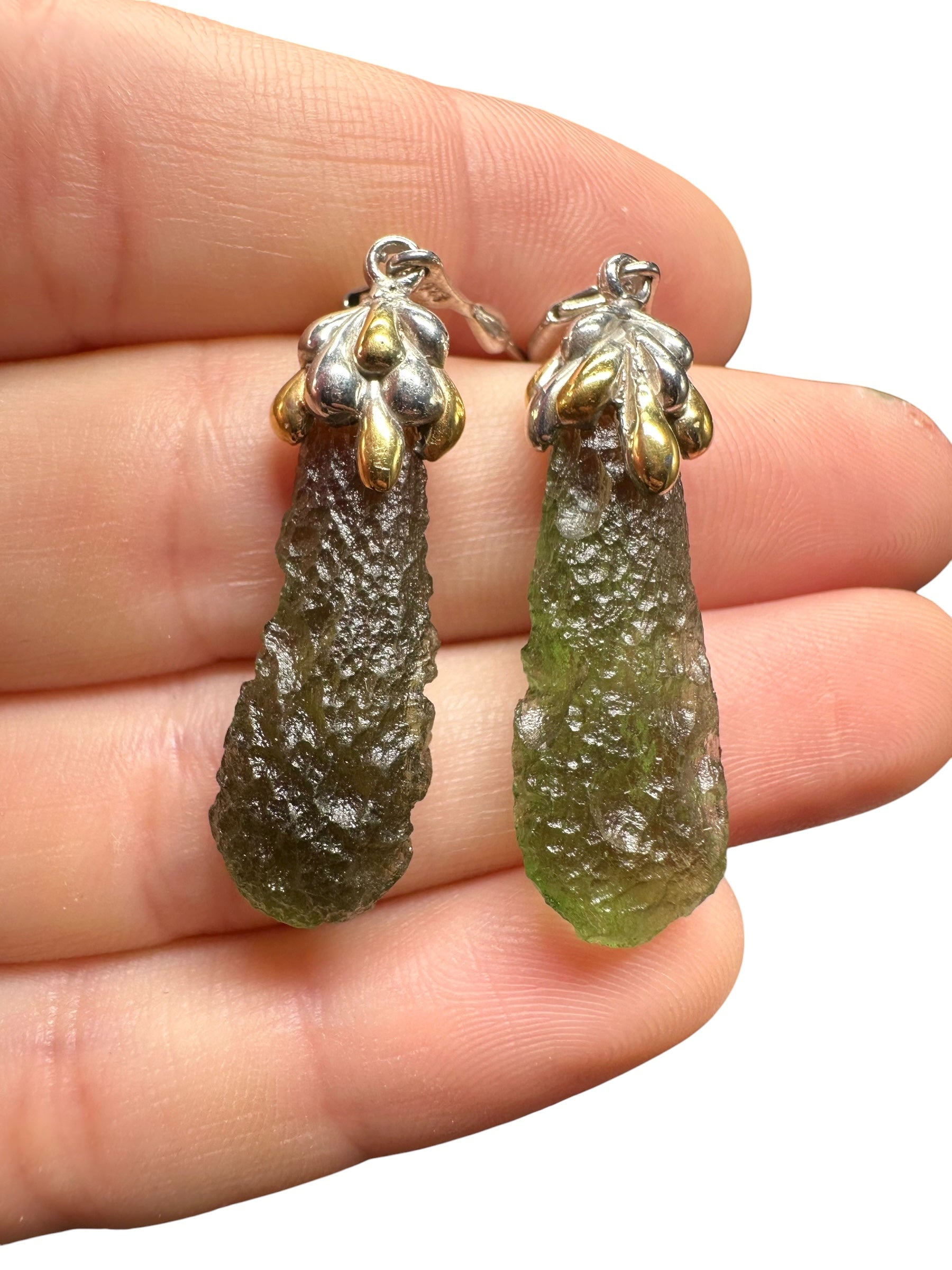 Silver moldavite earrings with gold-plated elements 8g