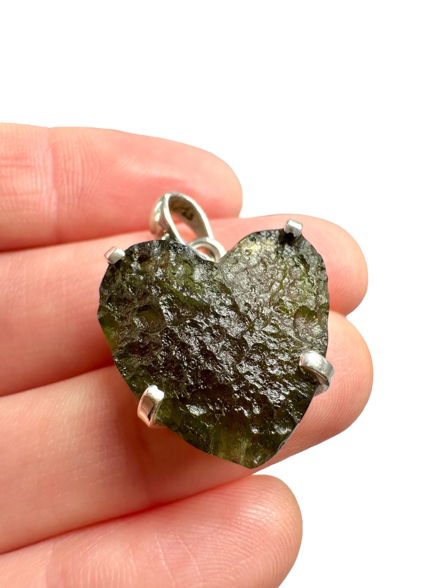 Silver moldavite heart-shaped pendant