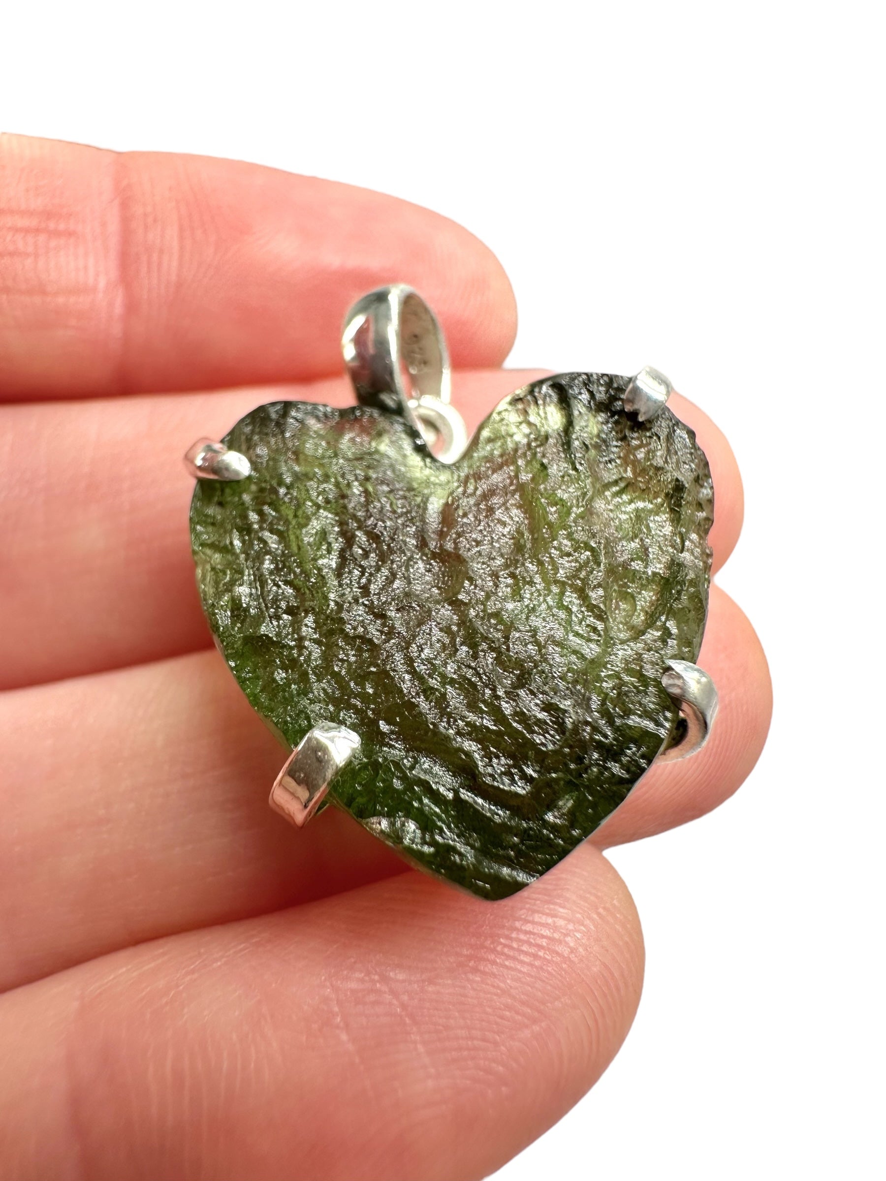 Silver moldavite heart-shaped pendant