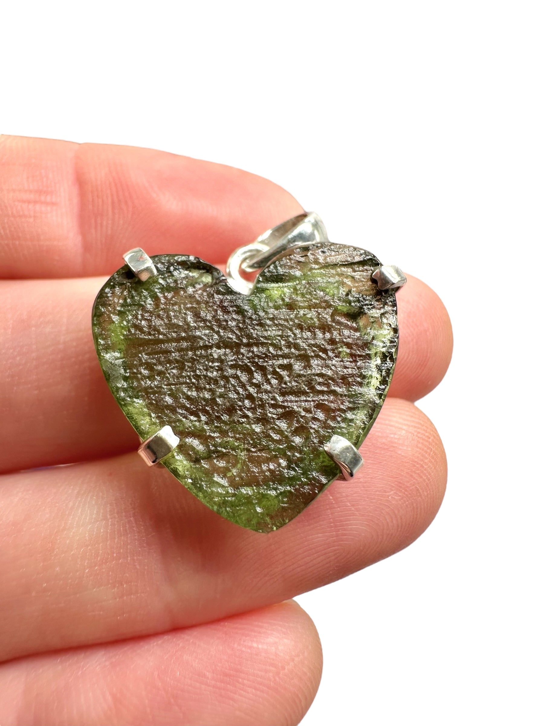 Silver moldavite heart-shaped pendant