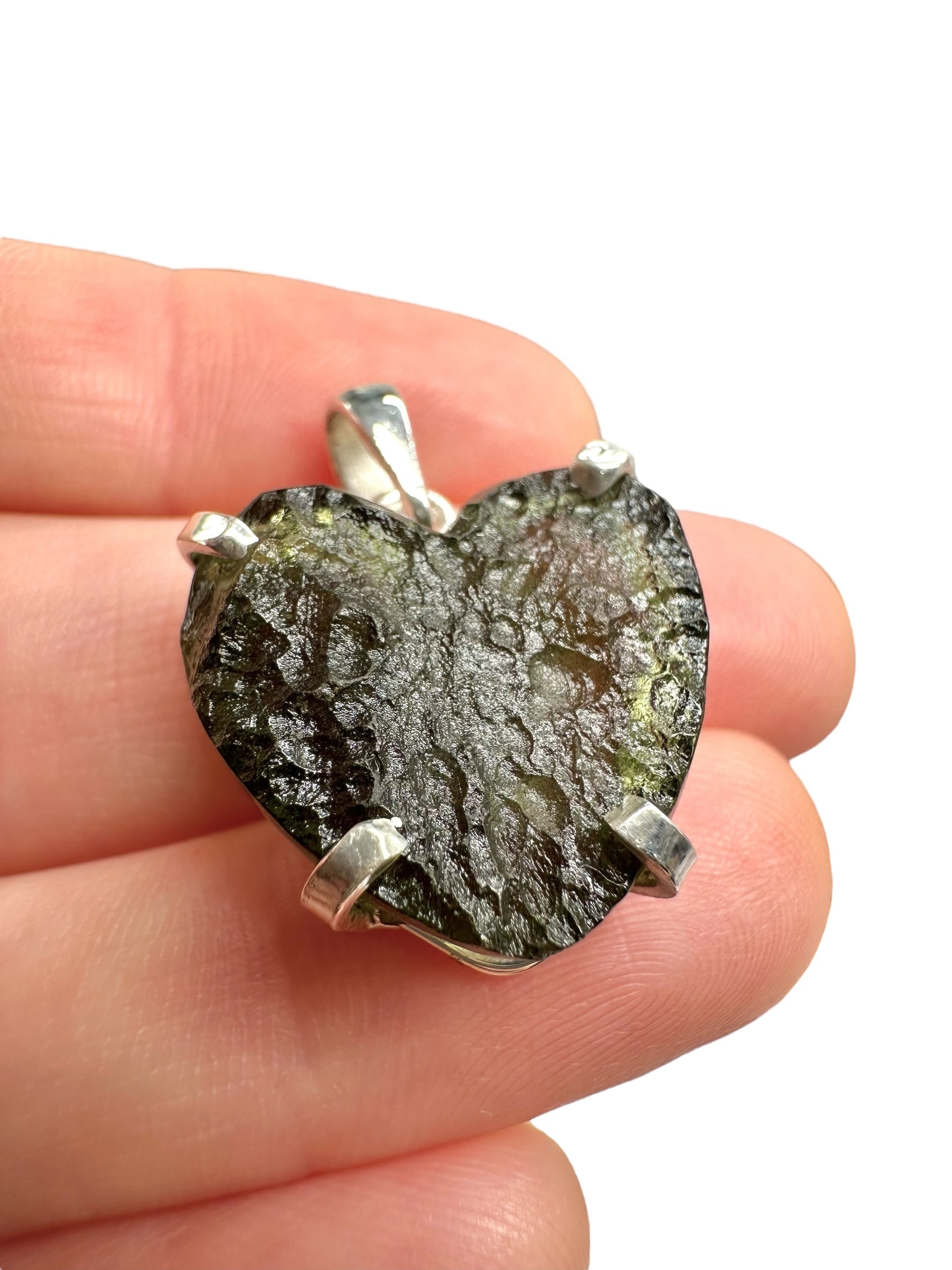 Silver moldavite heart-shaped pendant