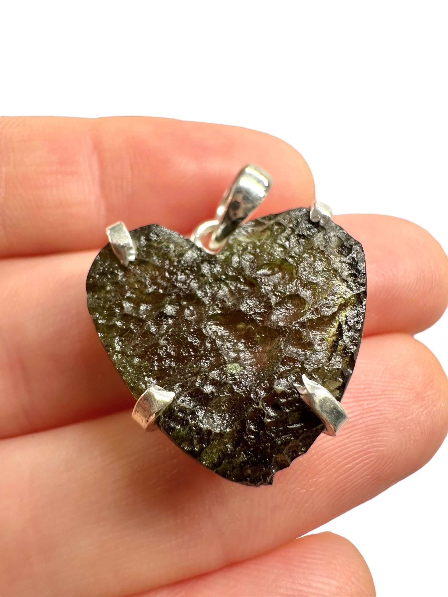 Silver moldavite heart-shaped pendant
