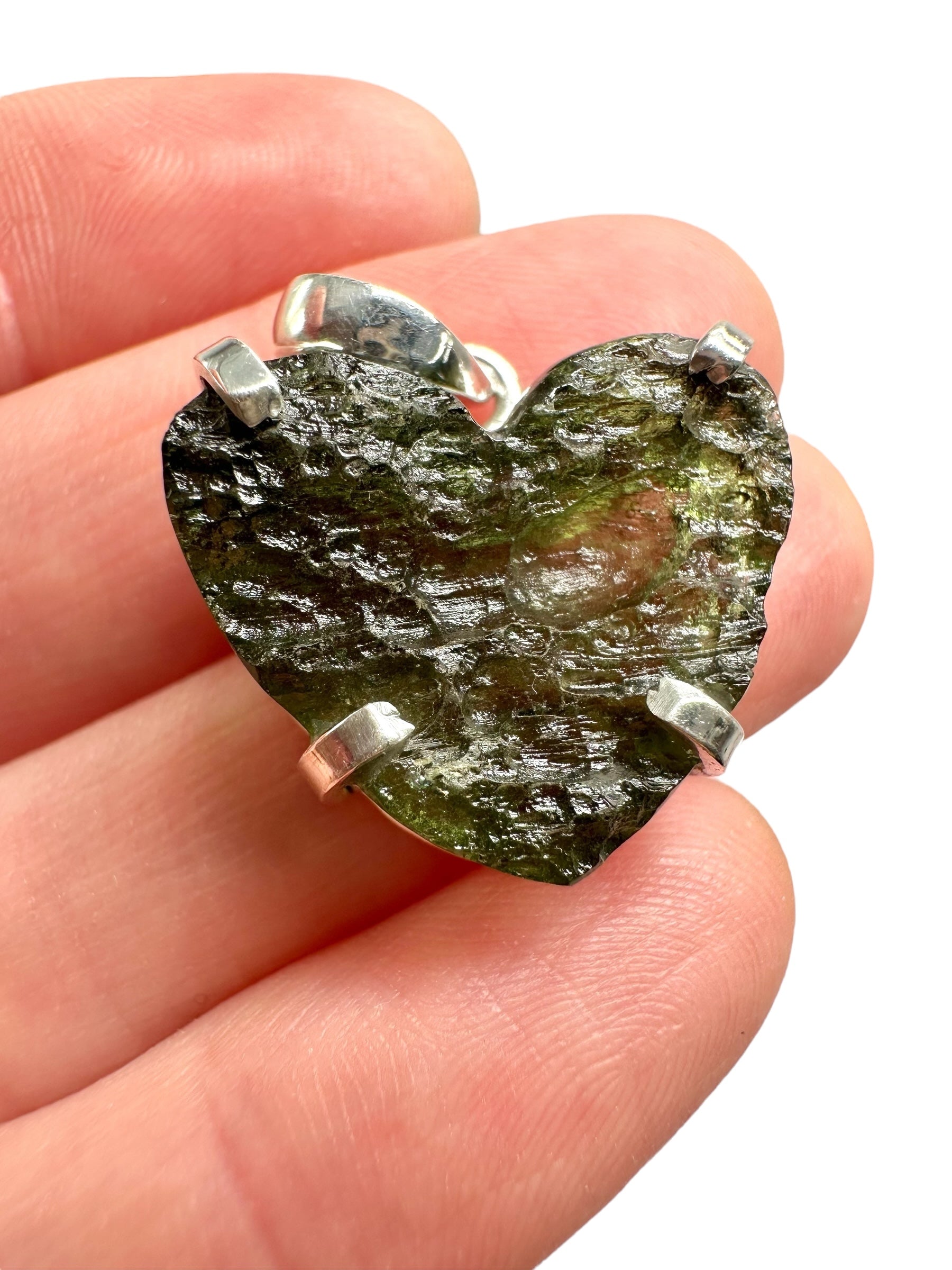 Silver moldavite heart-shaped pendant