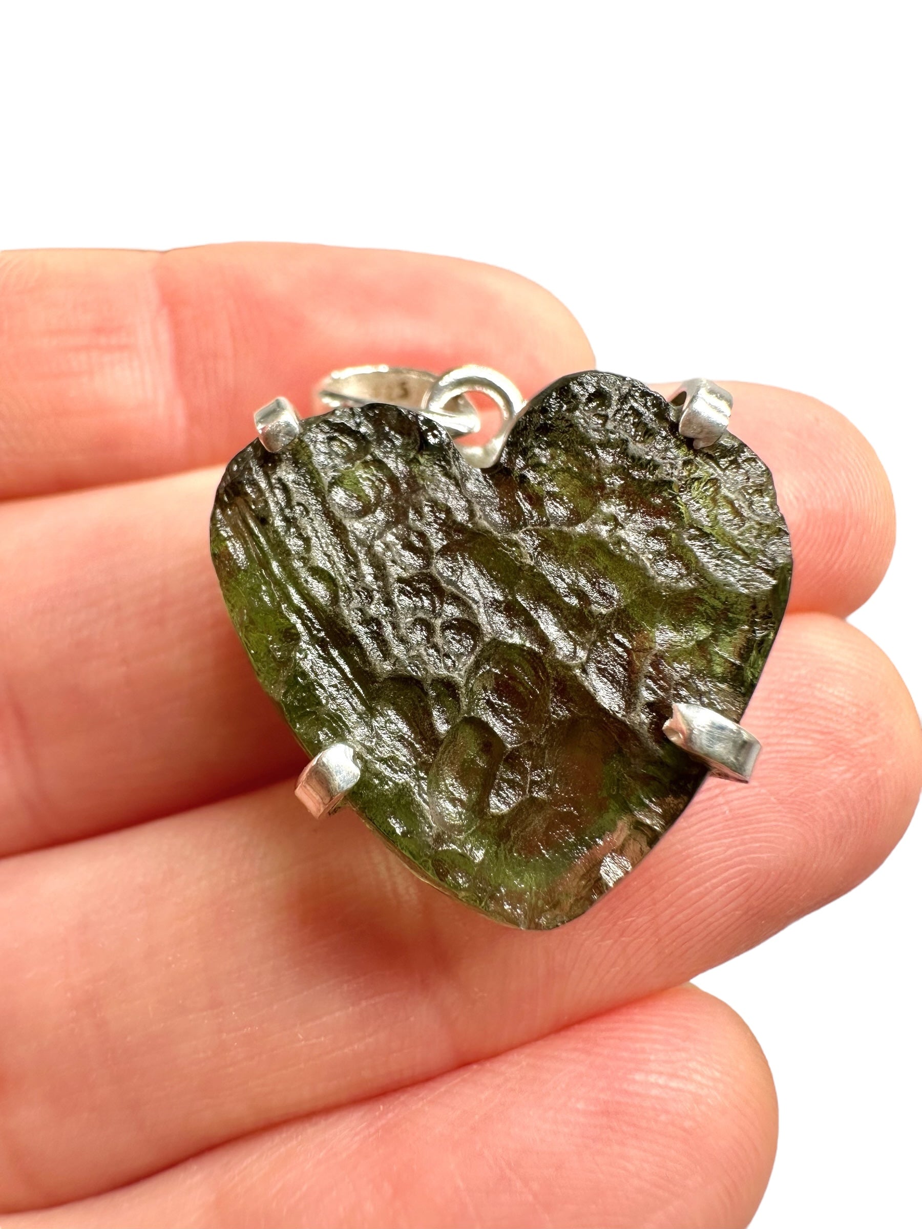 Silver moldavite heart-shaped pendant
