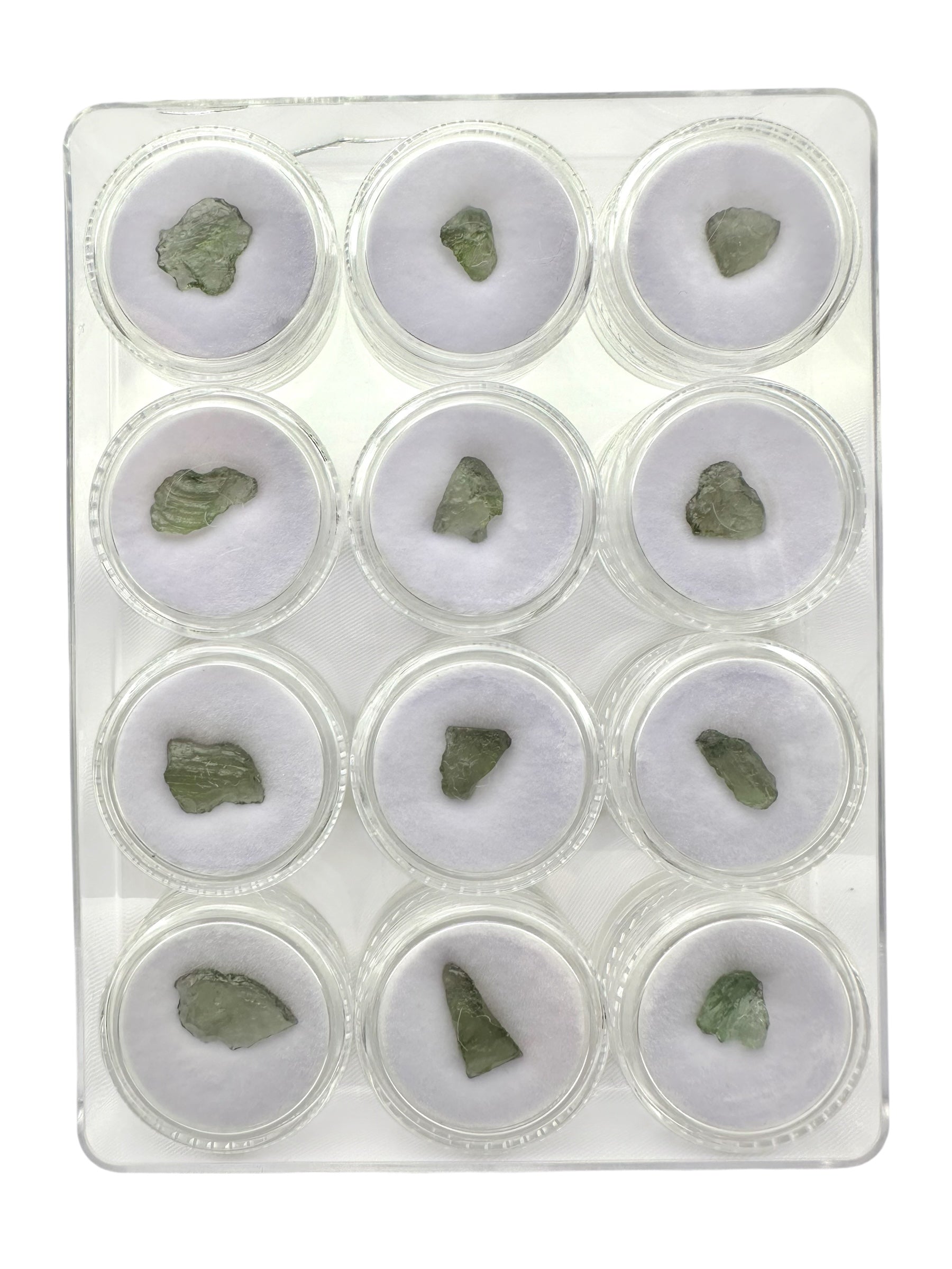 Moldavites in a box, 12 pieces
