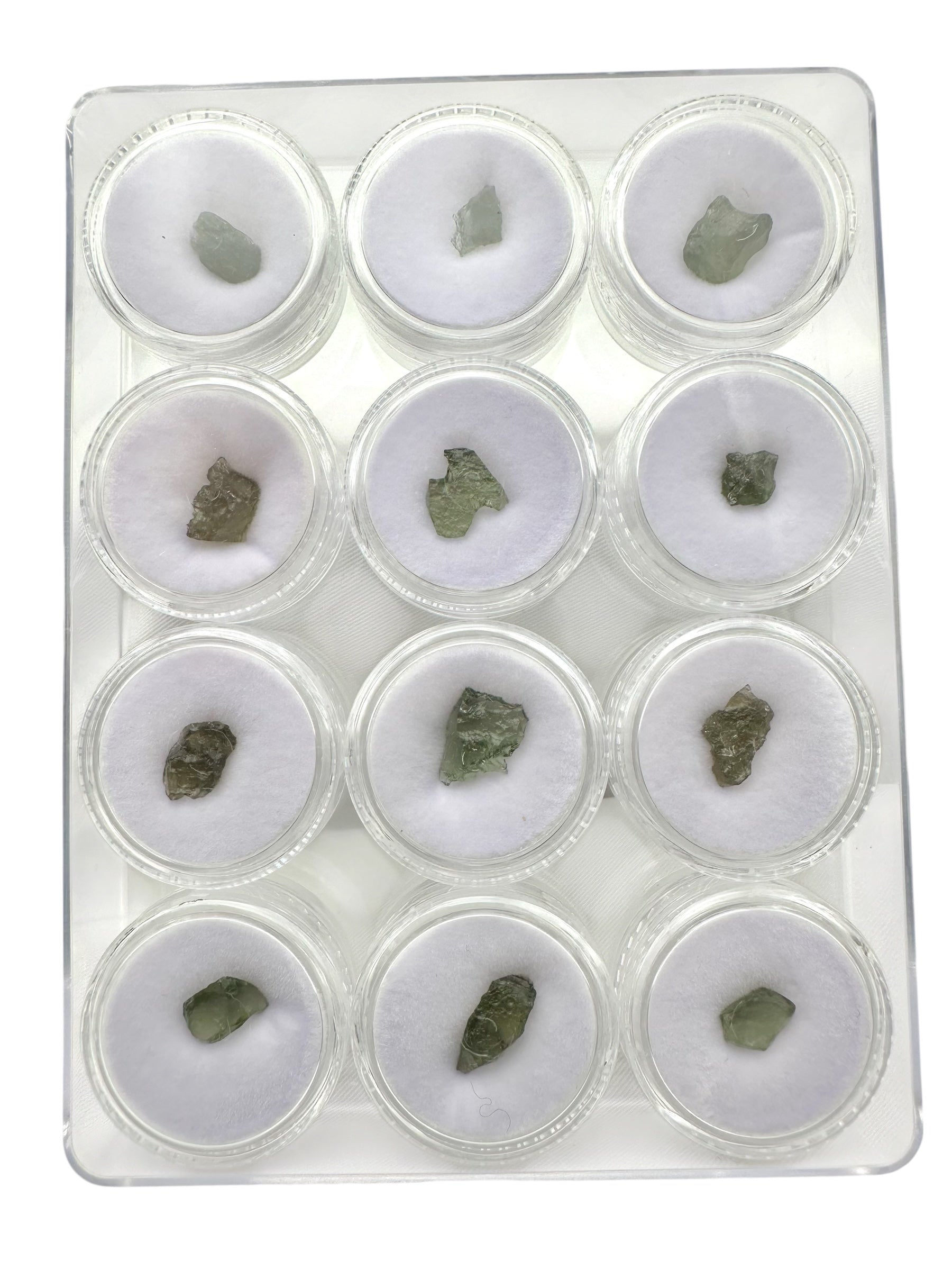 Moldavites in a box, 12 pieces
