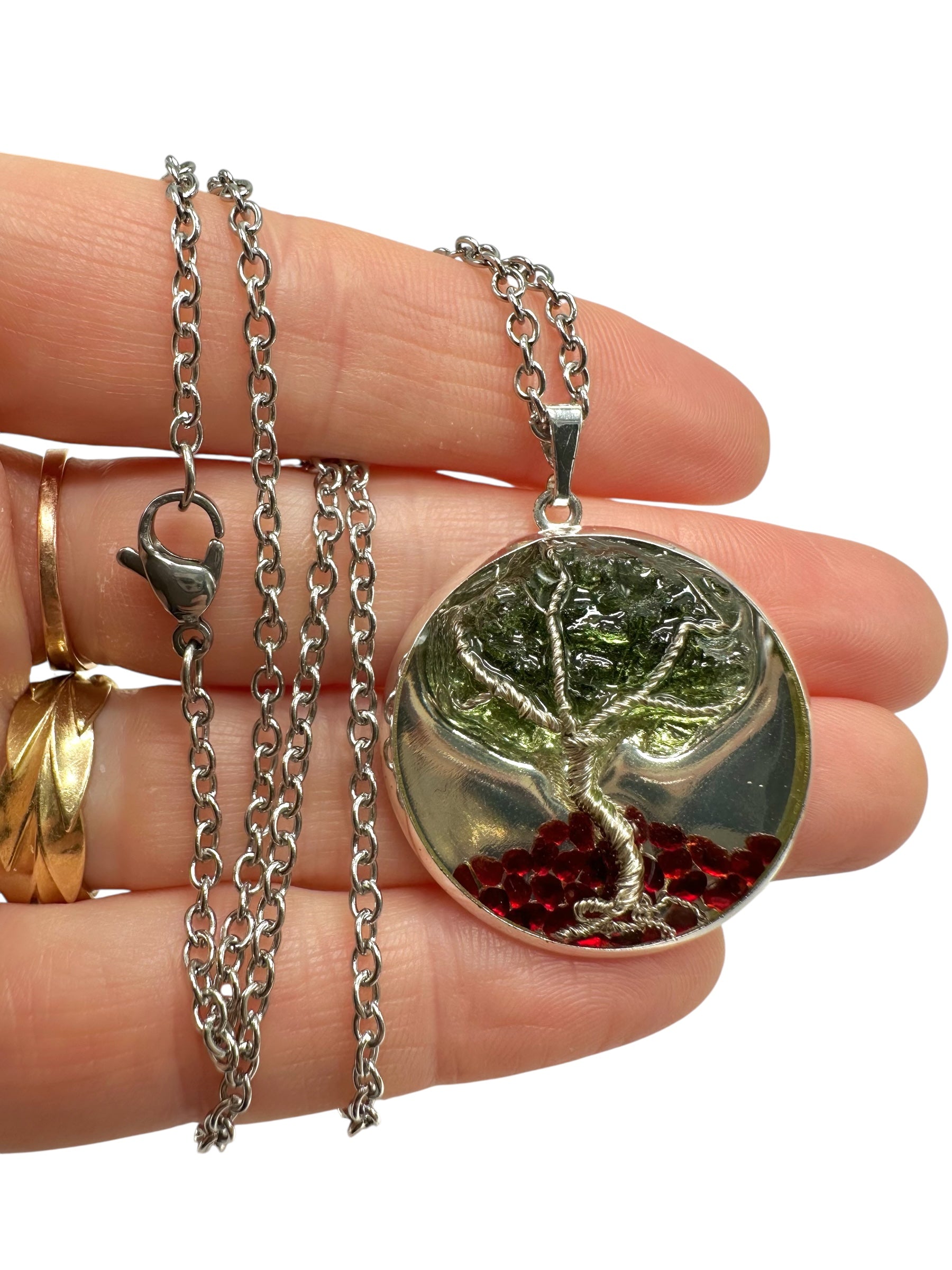 Pendant with moldavite and Czech garnet encased in resin - P/V490
