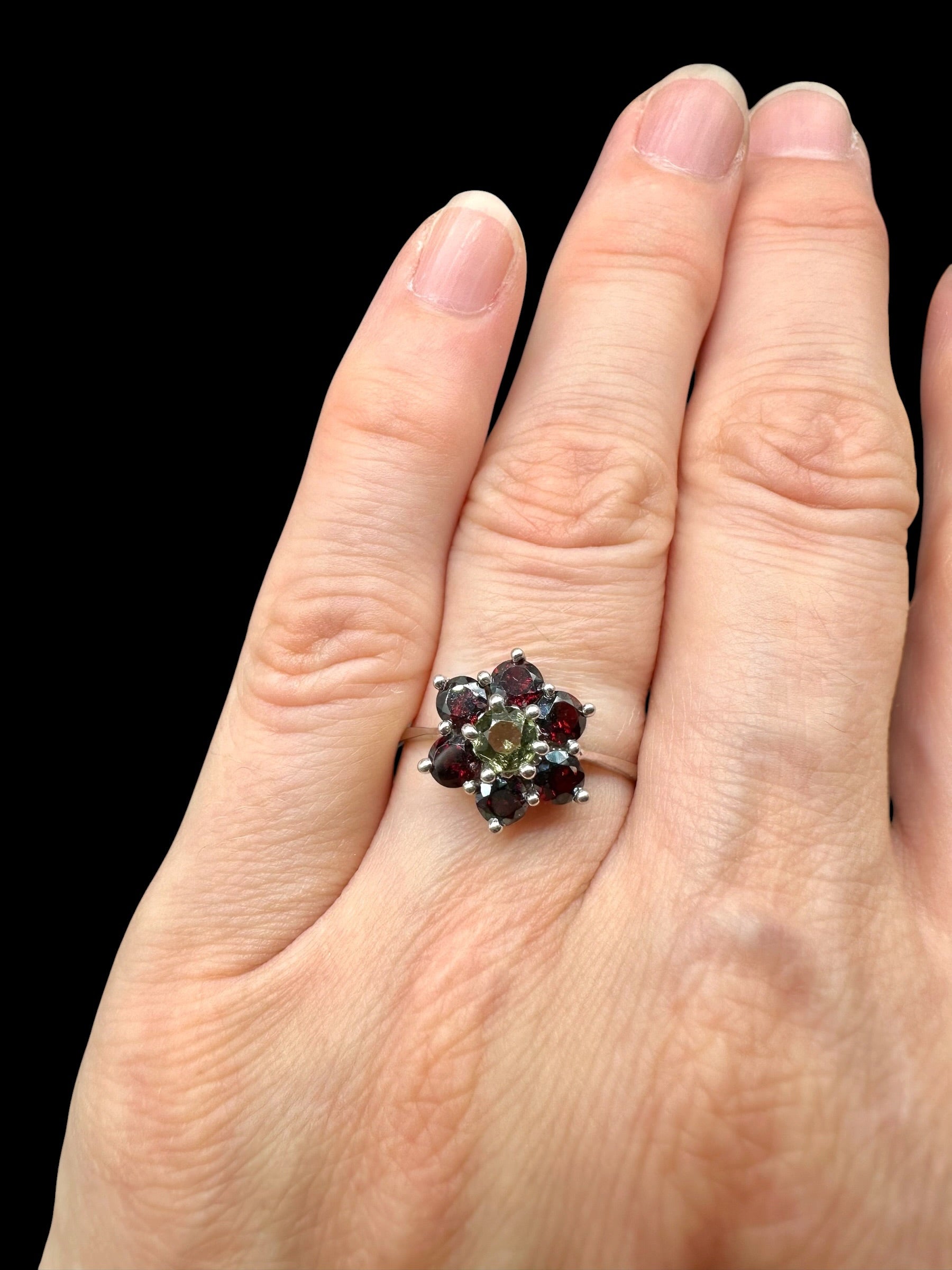 Silver ring with faceted moldavites and garnets size 60 - VP74