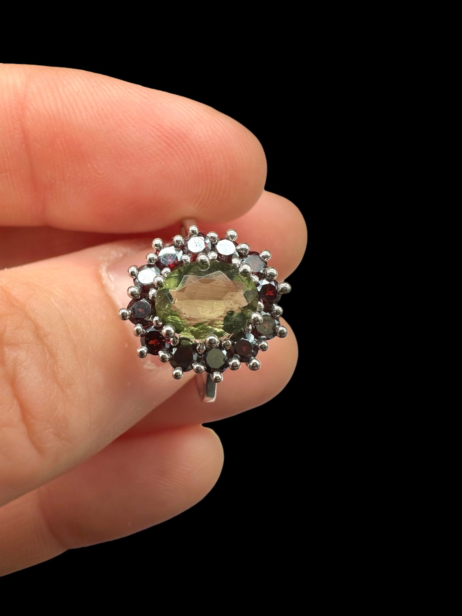 Silver ring with faceted moldavites and garnets size 54 - VP82