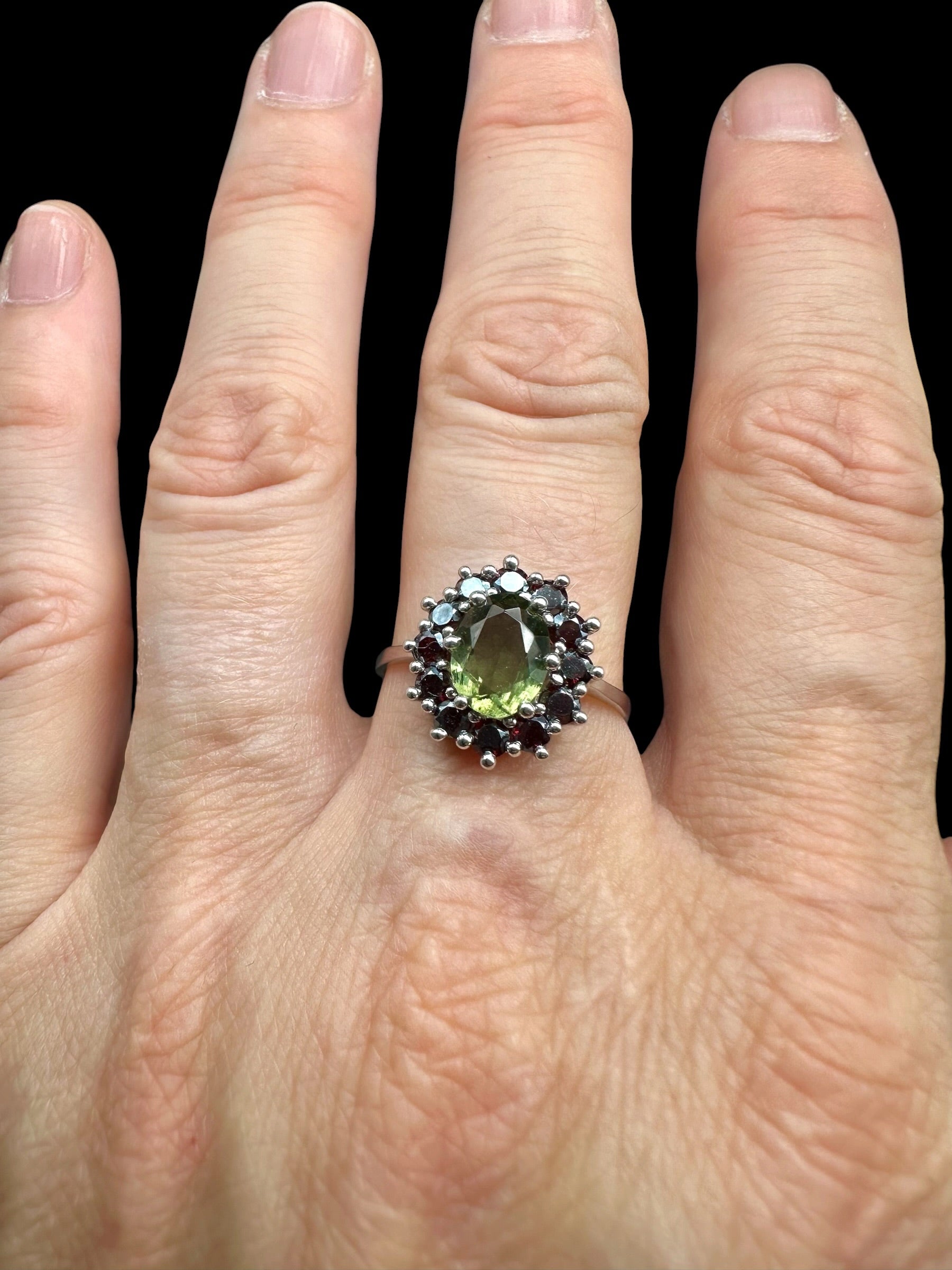 Silver ring with faceted moldavites and garnets size 54 - VP82