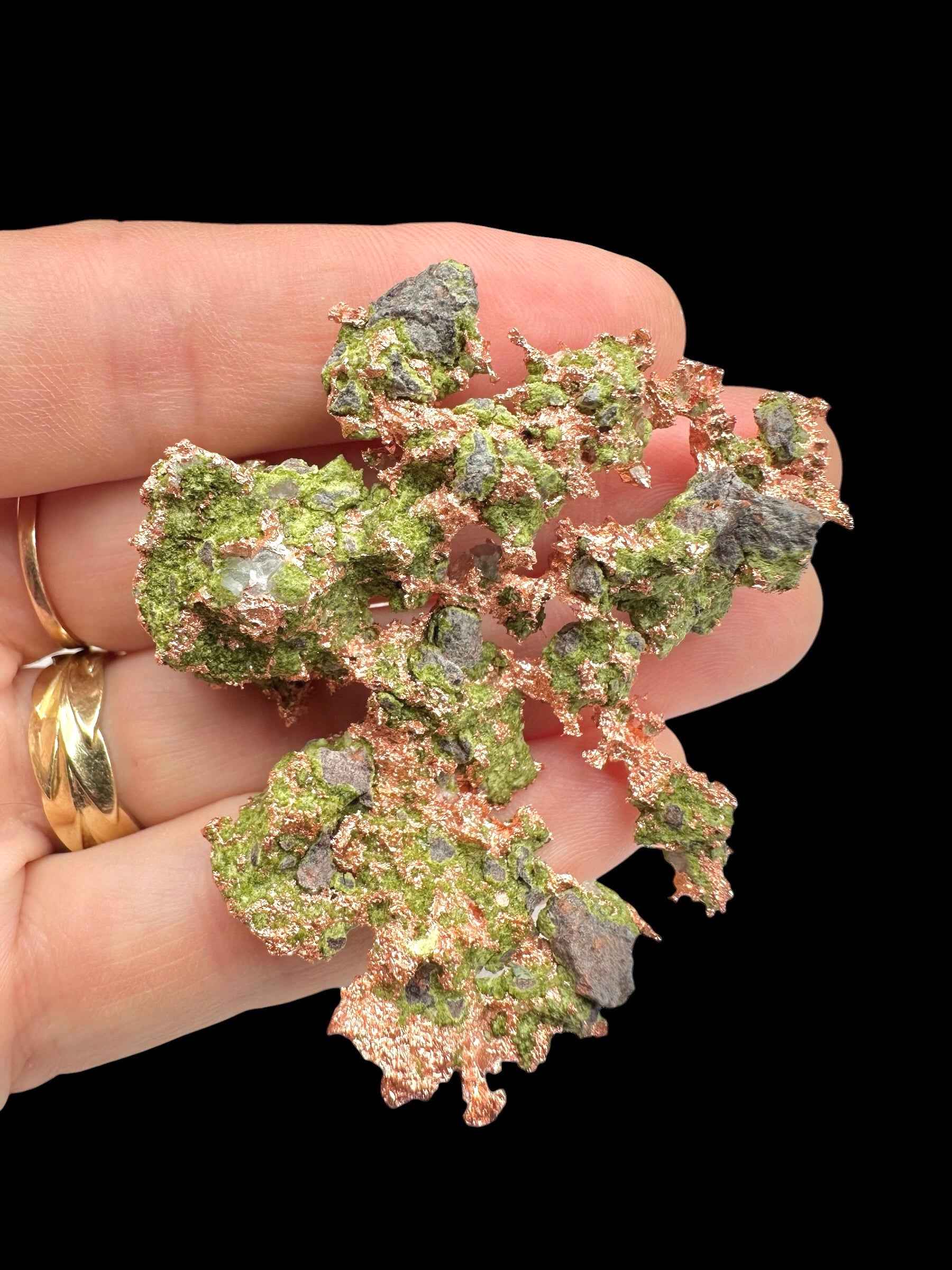 Lamina di rame nativo ramificata con croste di malachite verde, Michigan, tenuta in mano