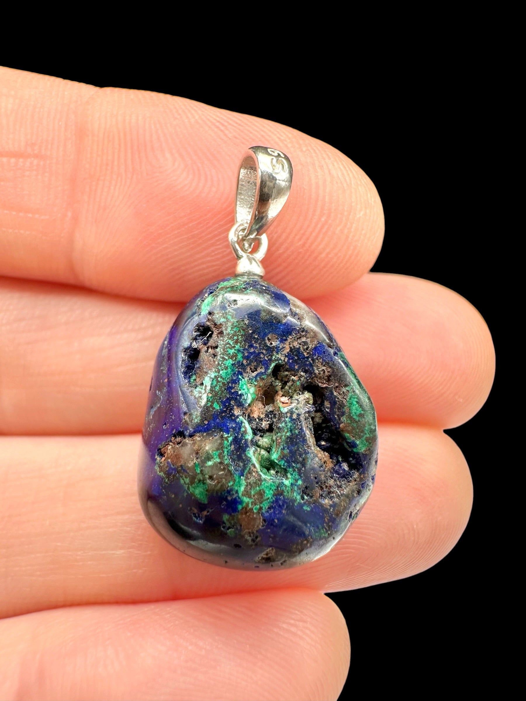 Silver pendant made of azurite with malachite