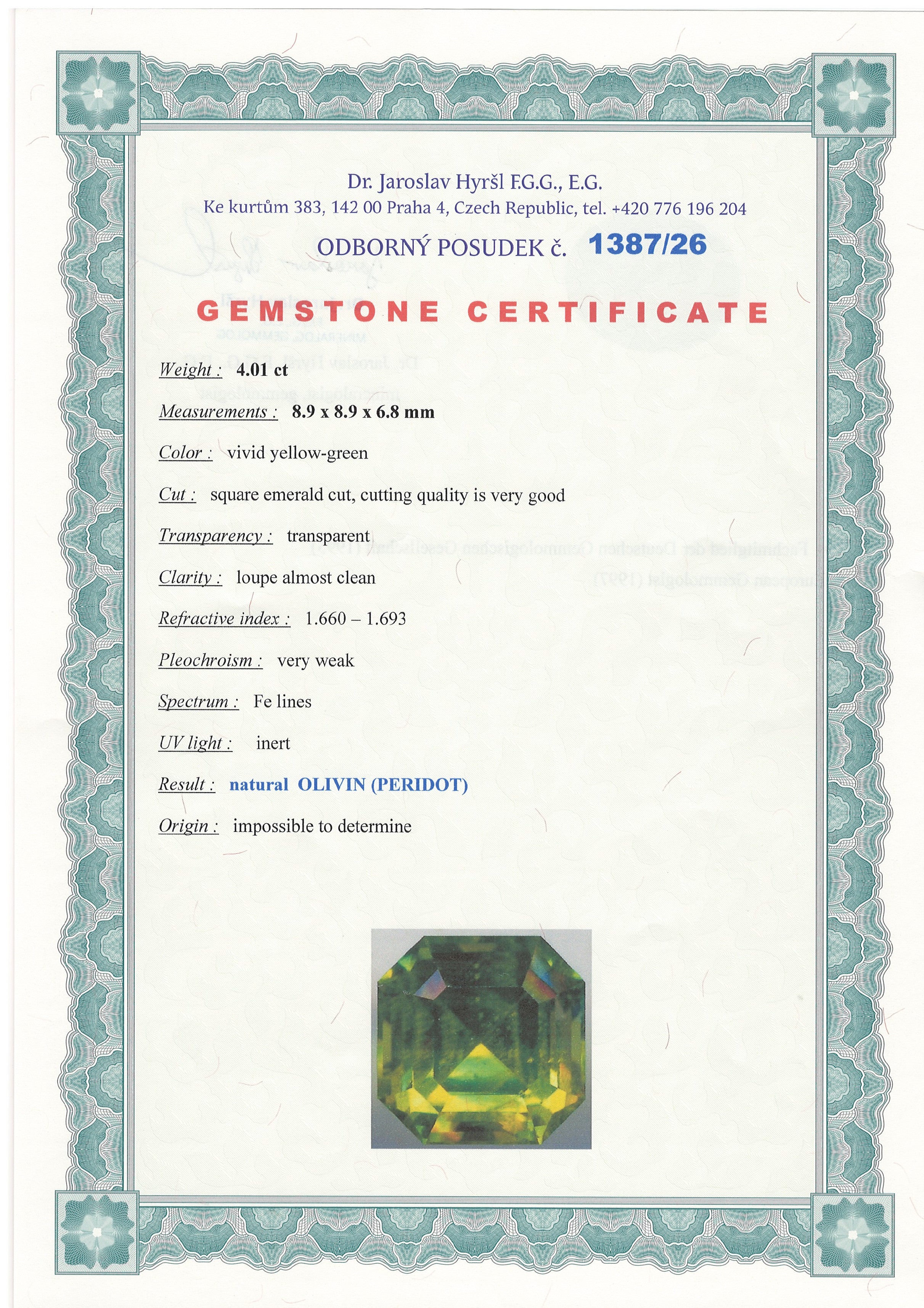Faceted Peridot (Olivine) from Pakistan 4 ct with certificate - BP02