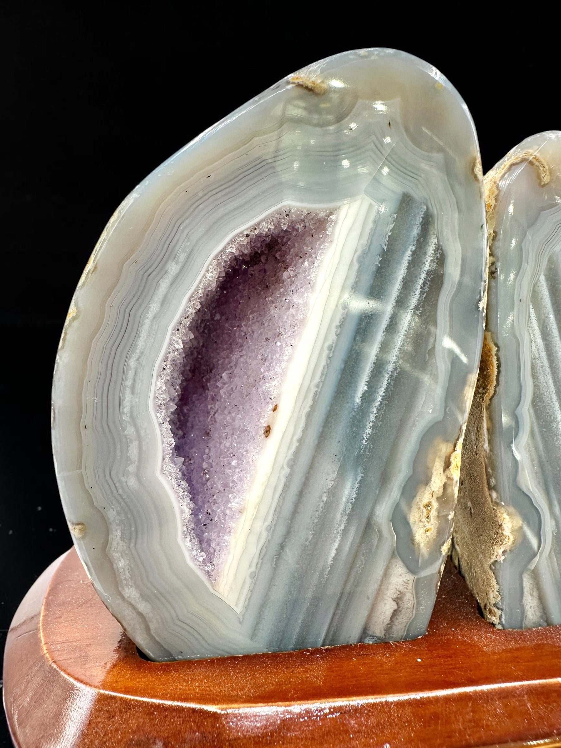 Agate Pair on a Wooden Stand – Ametista do Sul, Brazil - PAR01