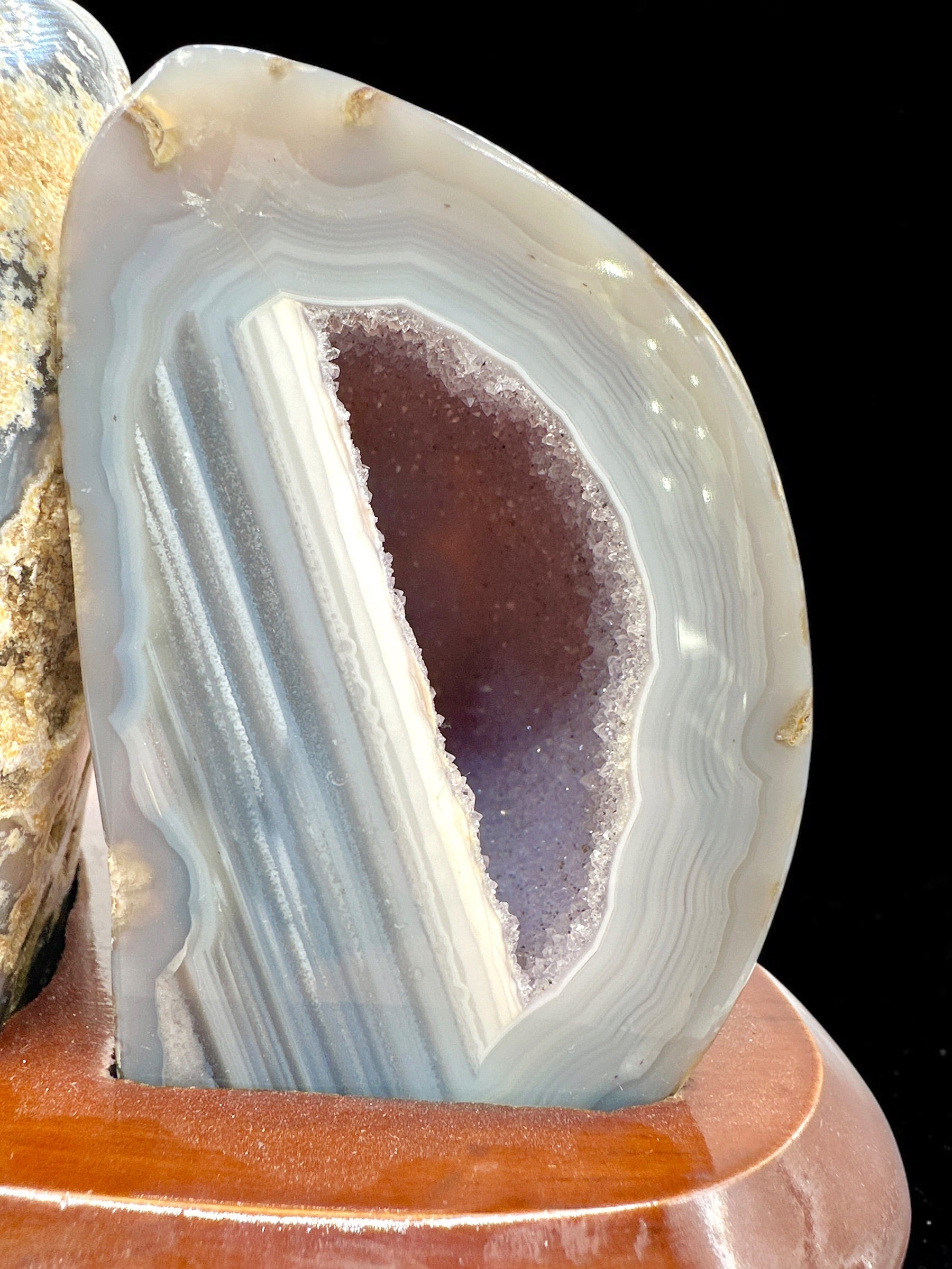 Agate Pair on a Wooden Stand – Ametista do Sul, Brazil - PAR01