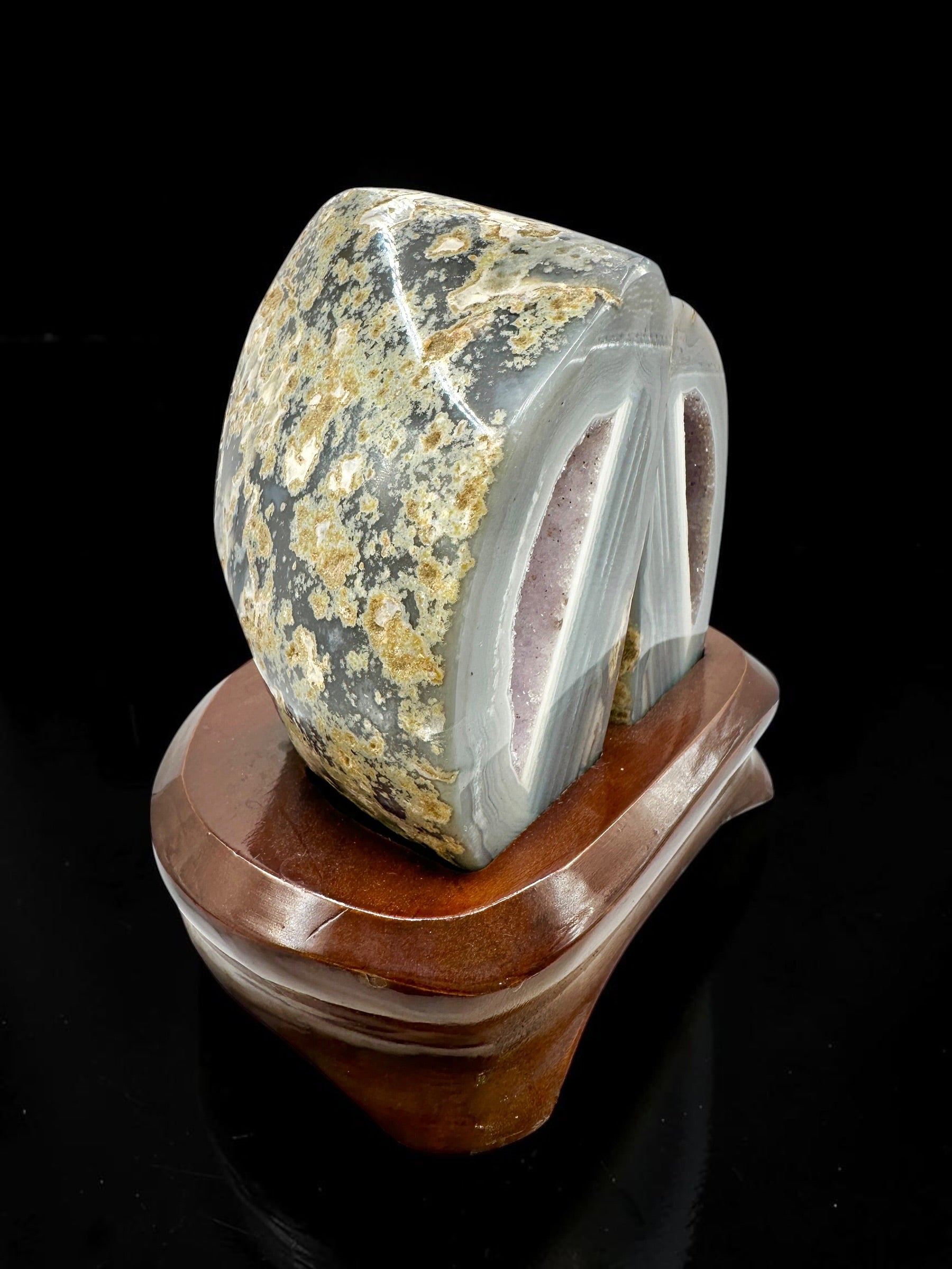 Agate Pair on a Wooden Stand – Ametista do Sul, Brazil - PAR01